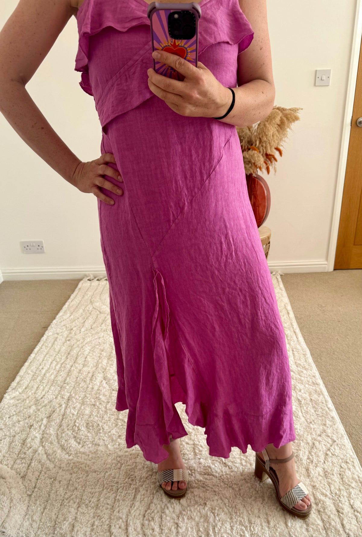 Ruffle Detail Premium Linen Midi Dress | Pink/Purple
