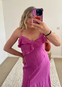 Ruffle Detail Premium Linen Midi Dress | Pink/Purple