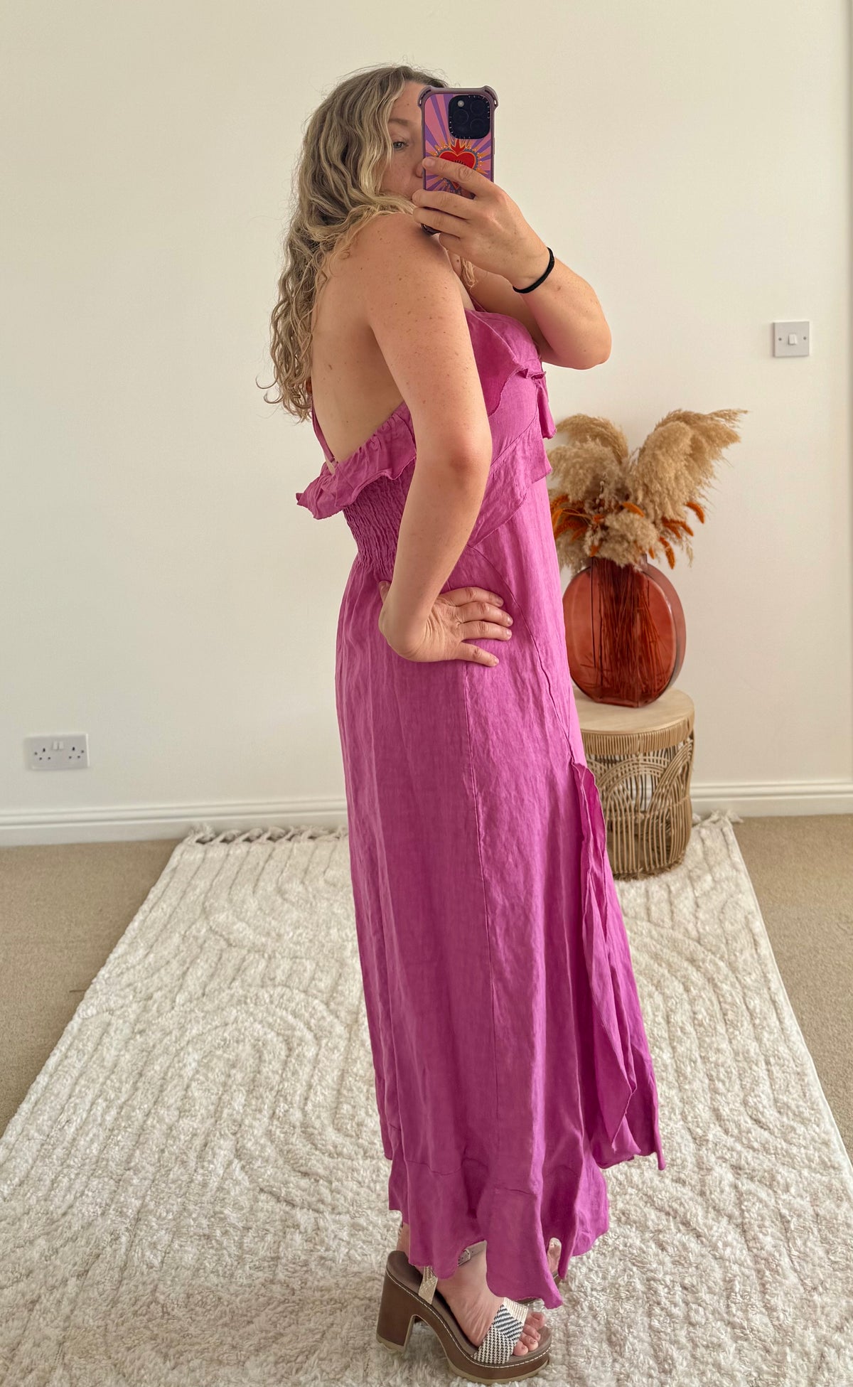 Ruffle Detail Premium Linen Midi Dress | Pink/Purple