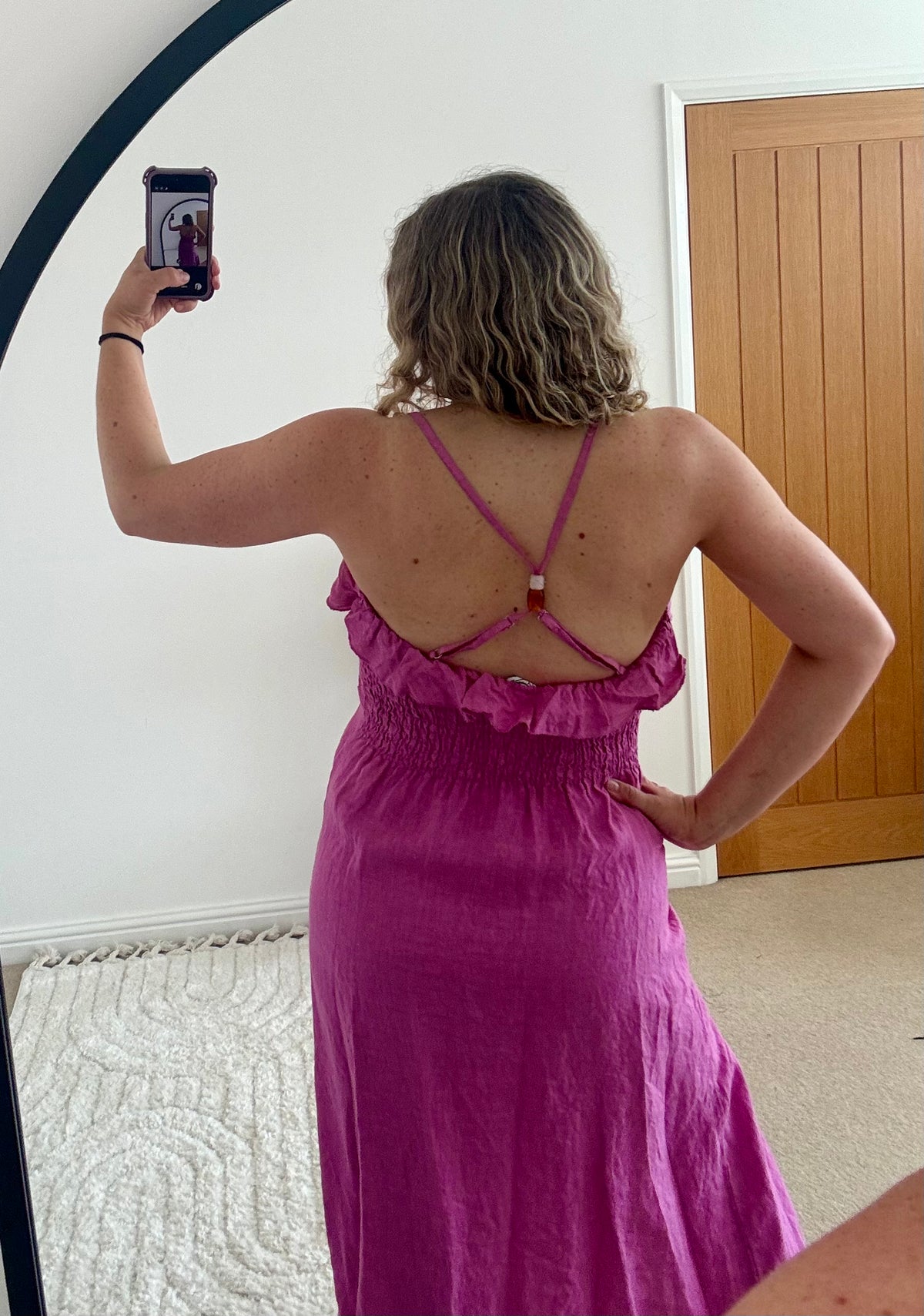 Ruffle Detail Premium Linen Midi Dress | Pink/Purple