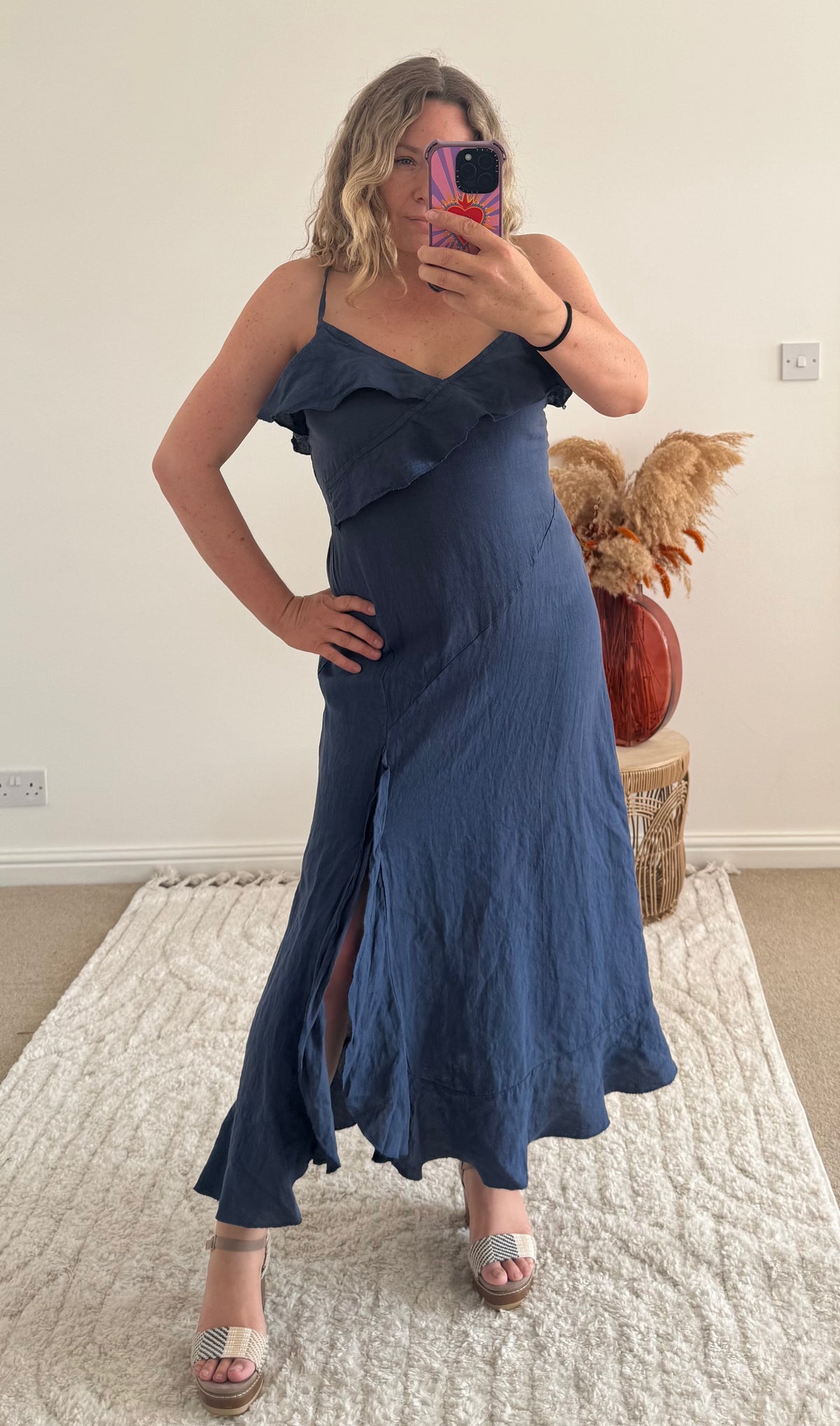 Ruffle Detail Premium Linen Midi Dress | Navy