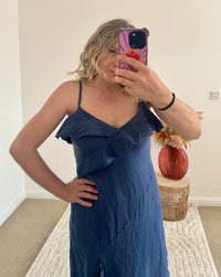 Ruffle Detail Premium Linen Midi Dress | Navy
