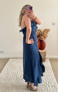 Ruffle Detail Premium Linen Midi Dress | Navy
