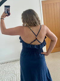 Ruffle Detail Premium Linen Midi Dress | Navy