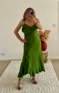 Ruffle Detail Premium Linen Midi Dress | Fresh Green