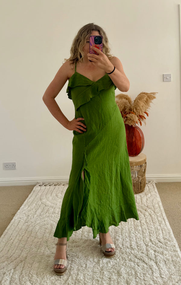 Ruffle Detail Premium Linen Midi Dress | Fresh Green