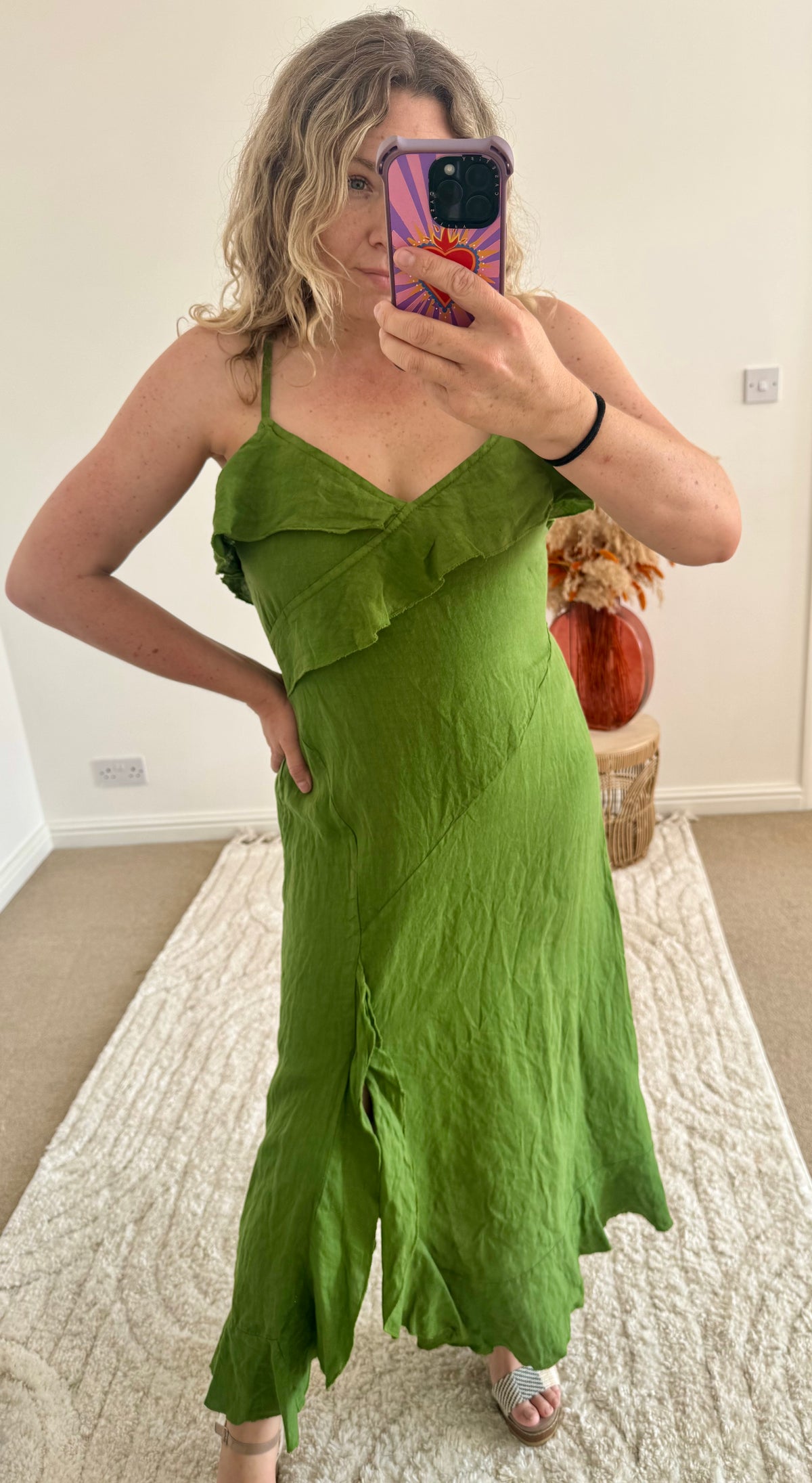 Ruffle Detail Premium Linen Midi Dress | Fresh Green