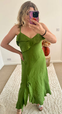 Ruffle Detail Premium Linen Midi Dress | Fresh Green