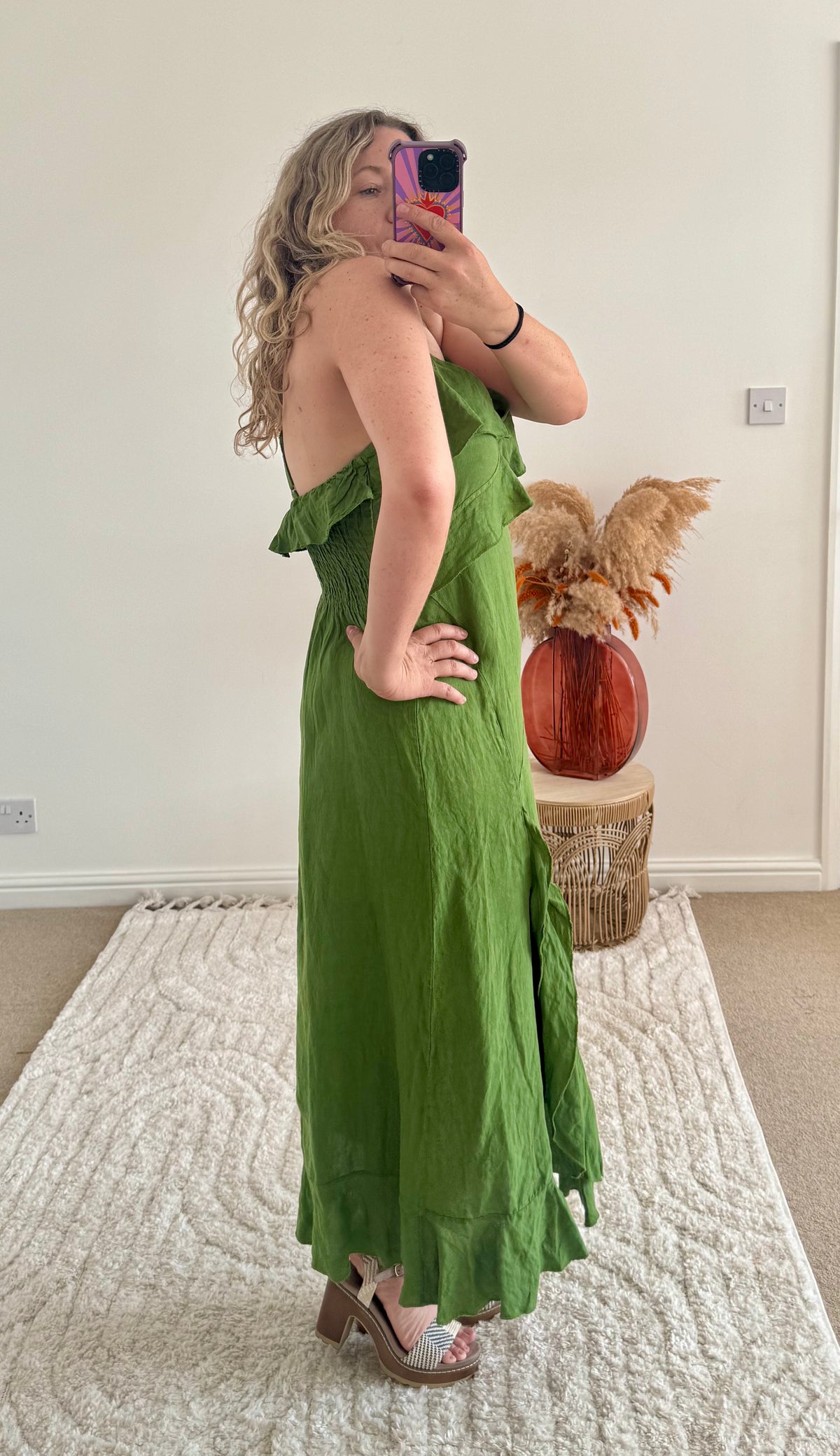 Ruffle Detail Premium Linen Midi Dress | Fresh Green