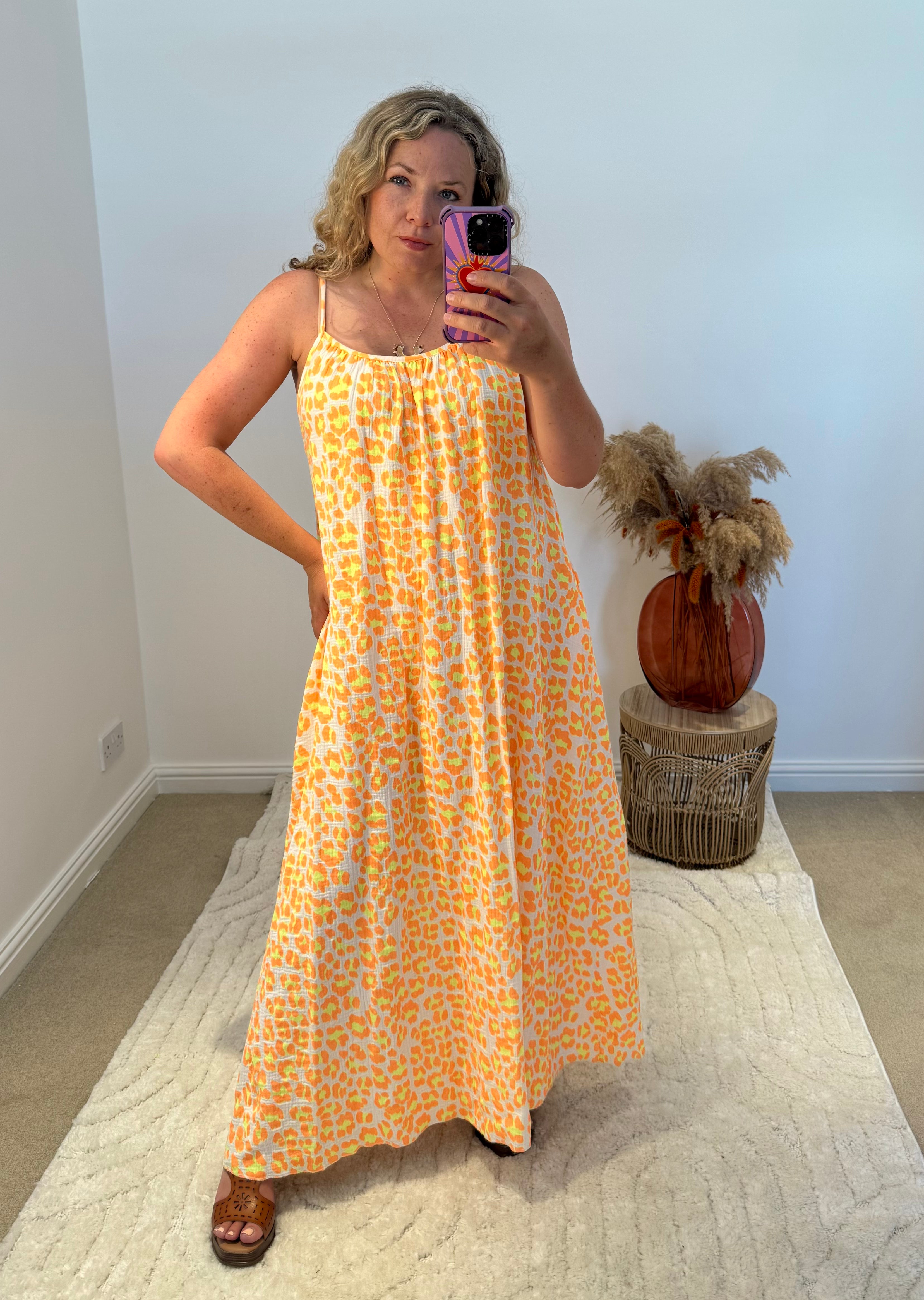 Leopard Cheesecloth Strappy Maxi Dress | Orange