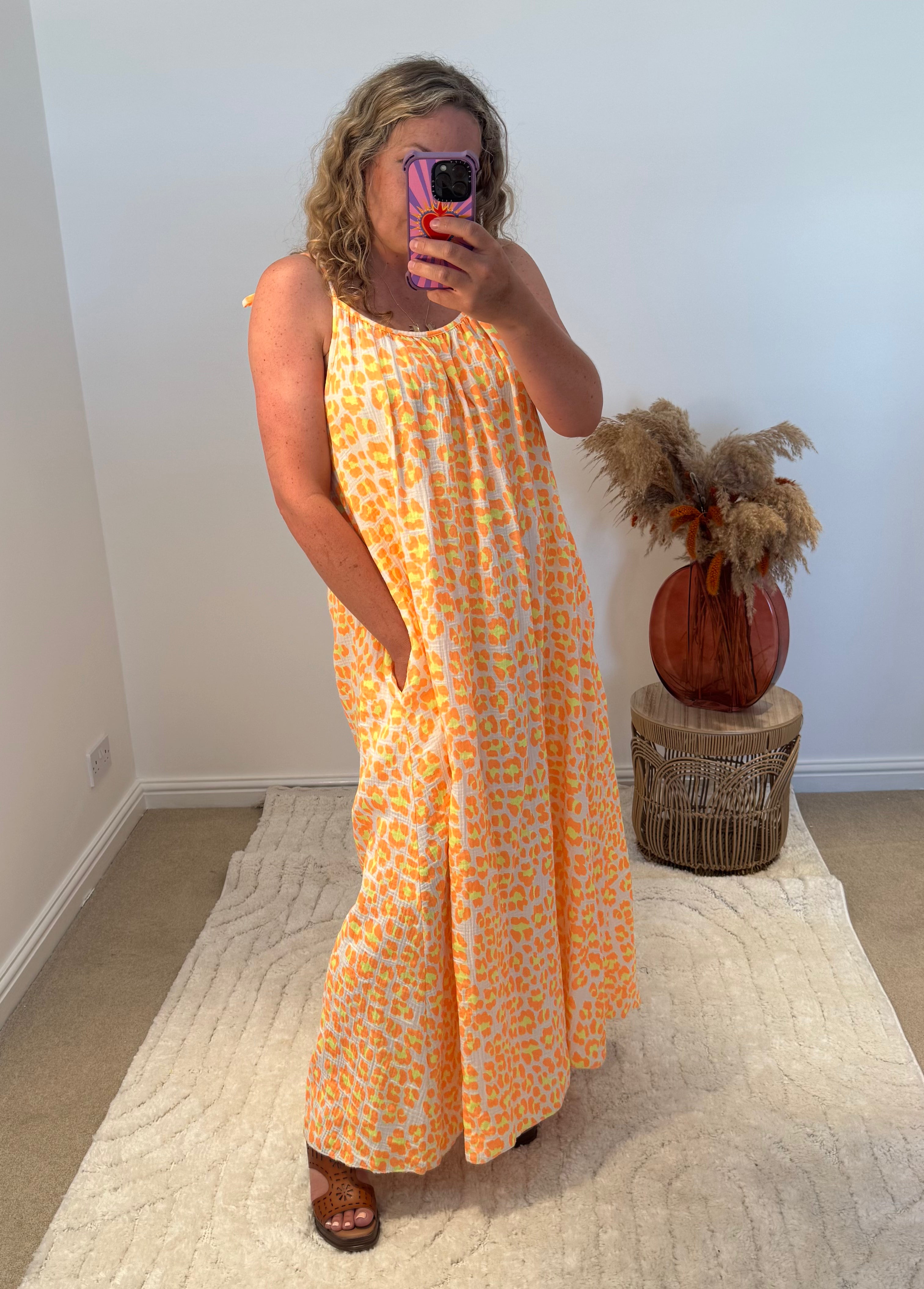 Leopard Cheesecloth Strappy Maxi Dress | Orange