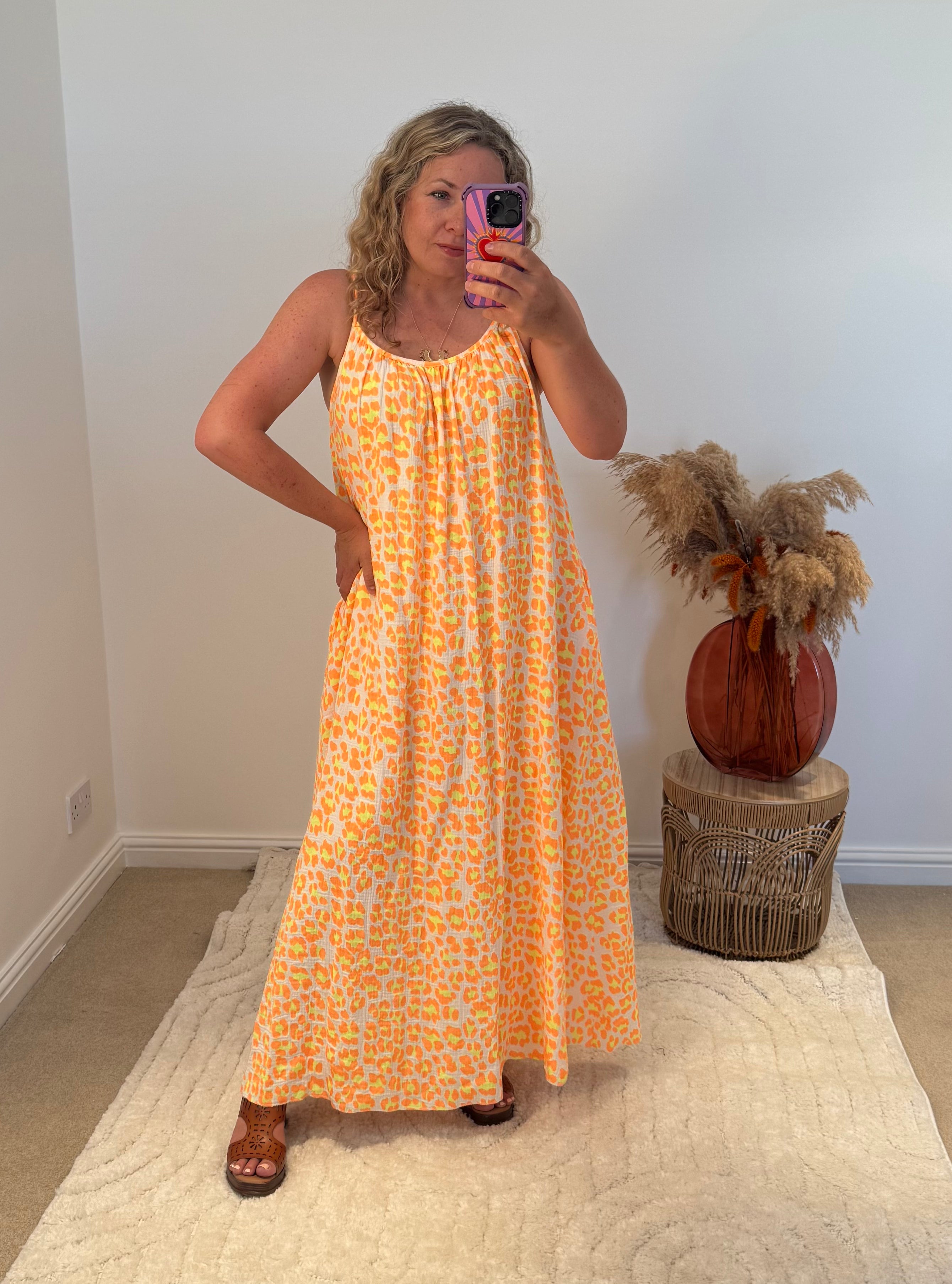 Leopard Cheesecloth Strappy Maxi Dress | Orange