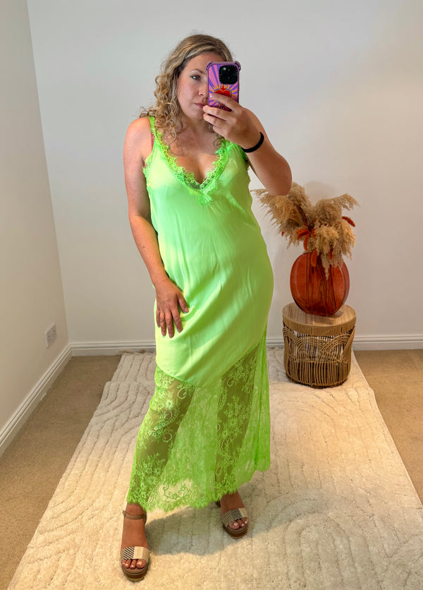 Satin Lace Detail Slip Dress | Neon Green