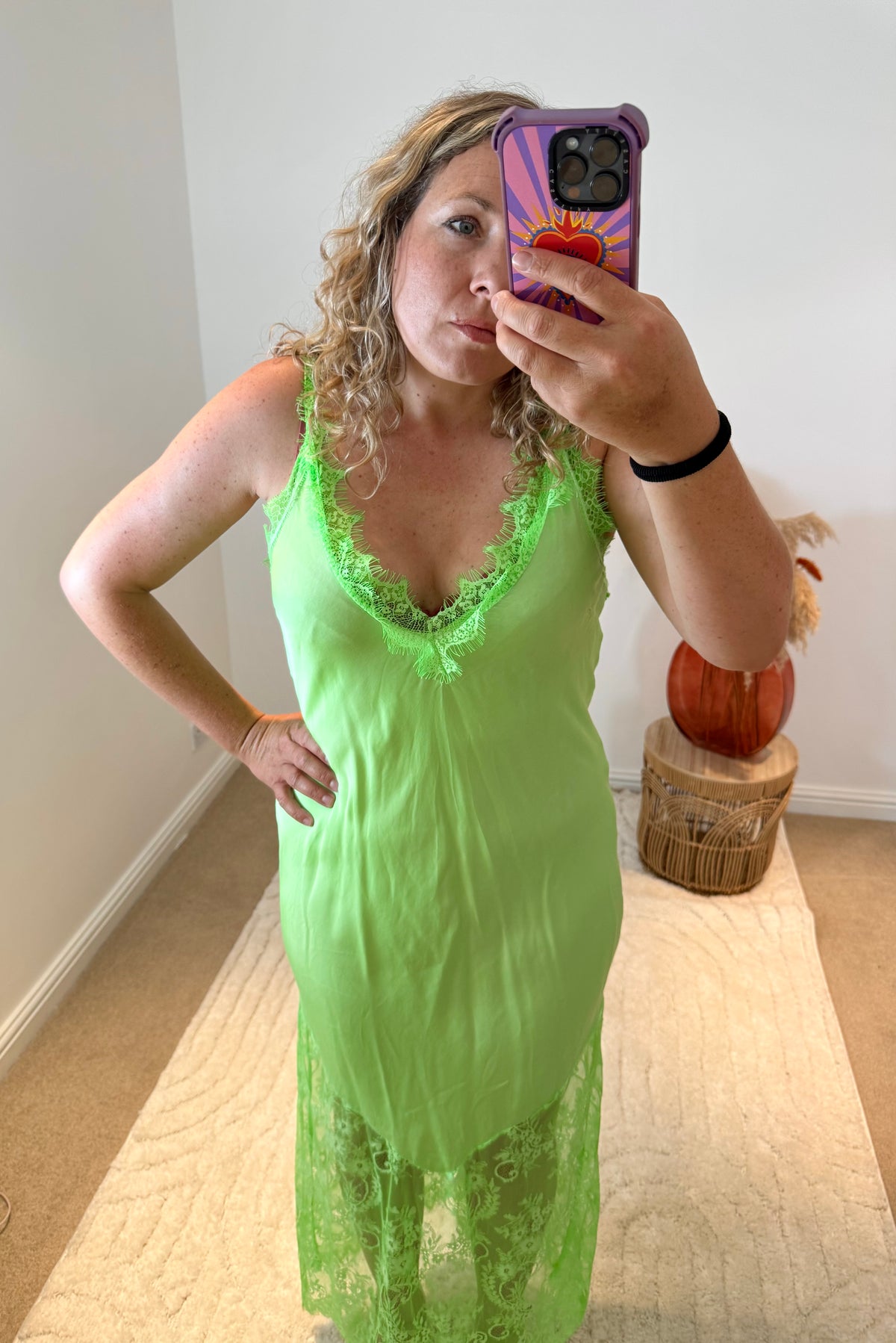 Satin Lace Detail Slip Dress | Neon Green