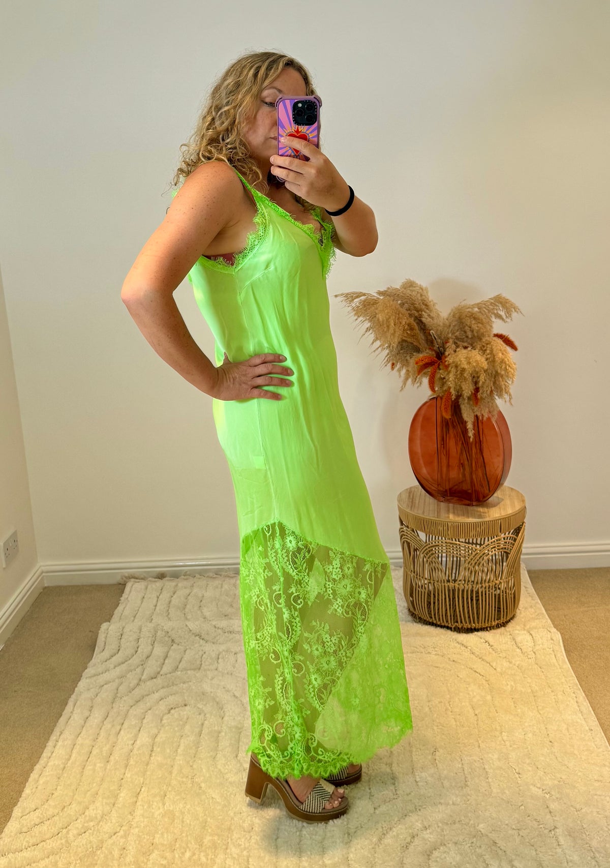 Satin Lace Detail Slip Dress | Neon Green