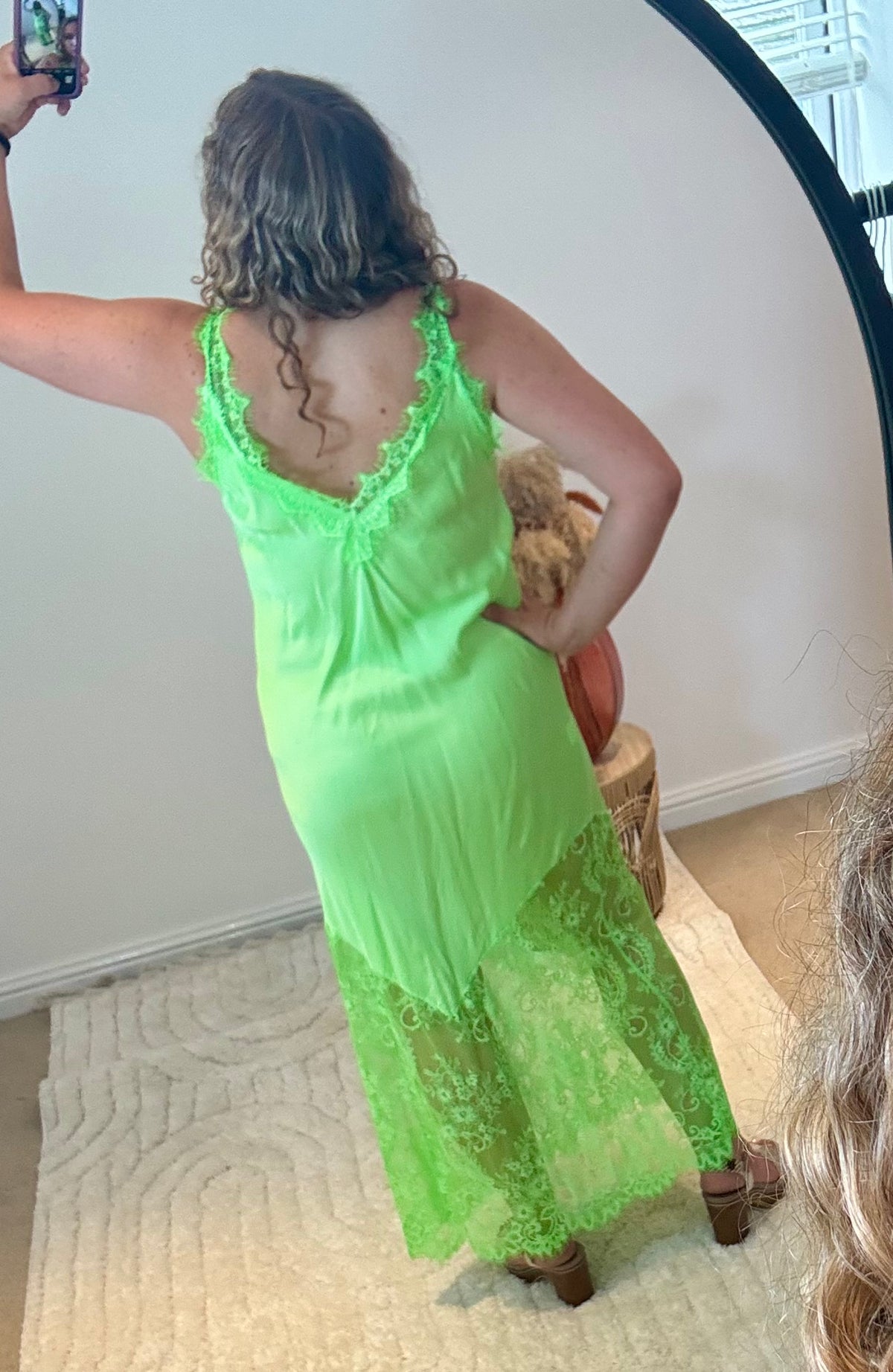 Satin Lace Detail Slip Dress | Neon Green