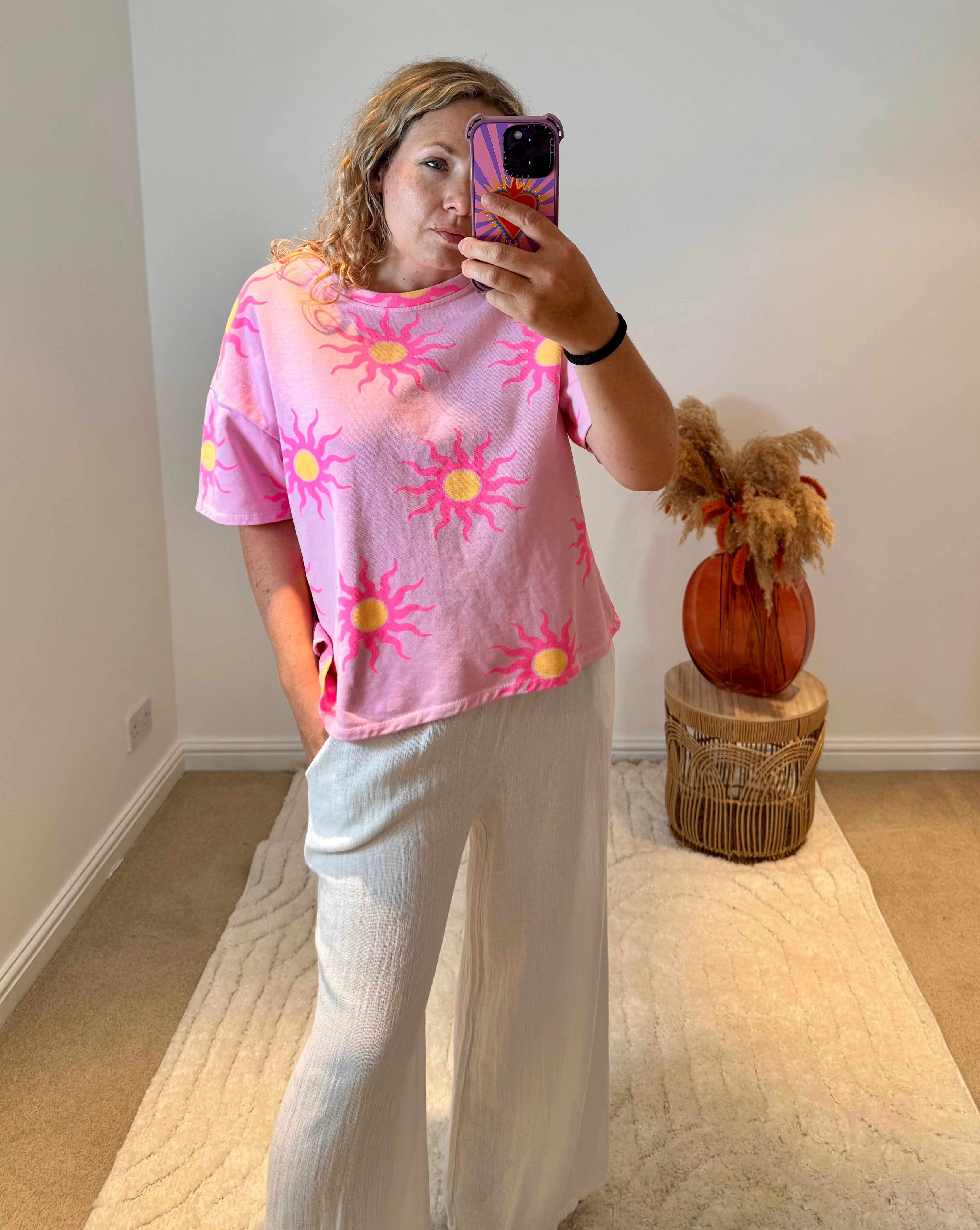 Sun Print Short Sleeved Sweatshirt | Pink/Neon Pink