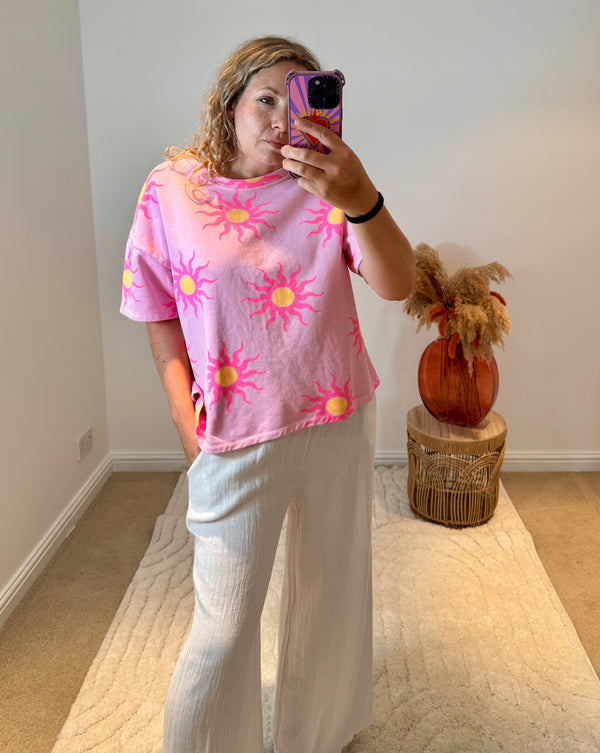 Sun Print Short Sleeved Sweatshirt | Pink/Neon Pink