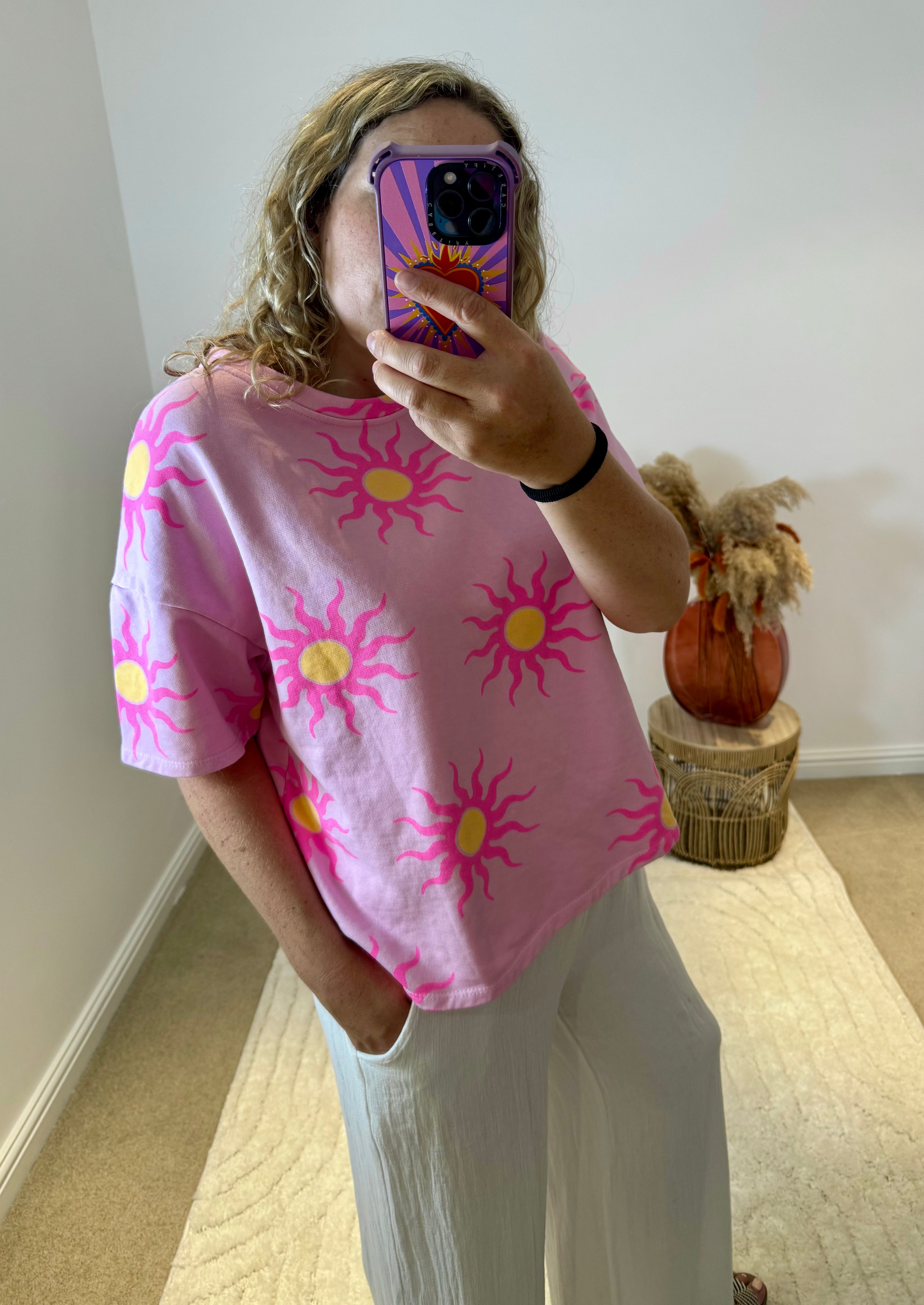 Sun Print Short Sleeved Sweatshirt | Pink/Neon Pink