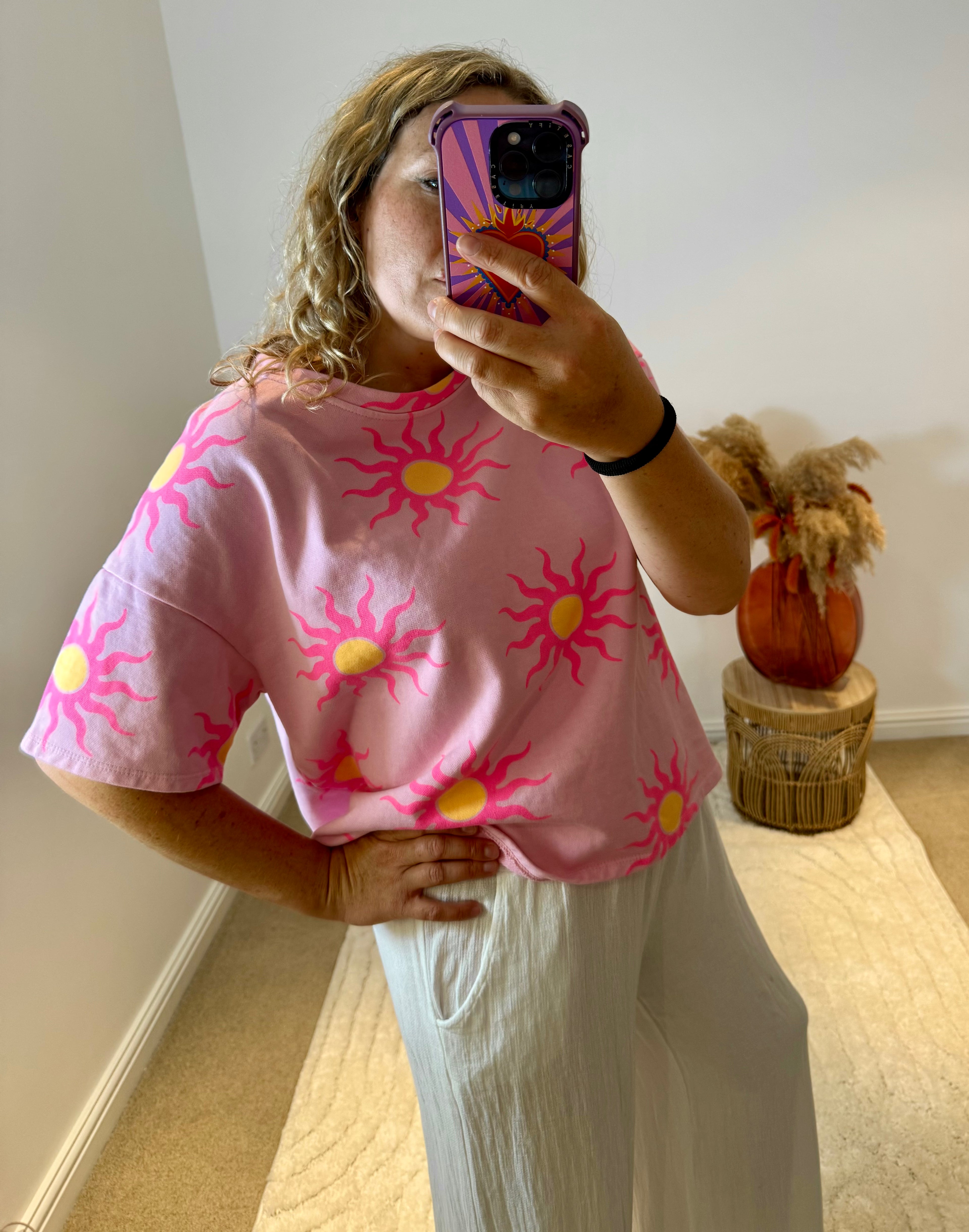 Sun Print Short Sleeved Sweatshirt | Pink/Neon Pink