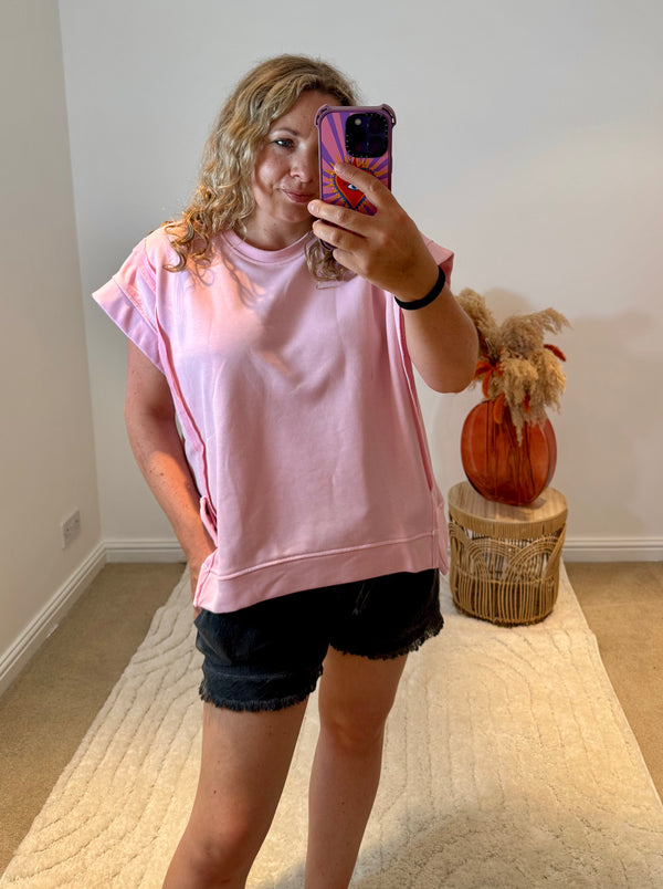Raw Edge Short Sleeved Sweatshirt | Light Pink