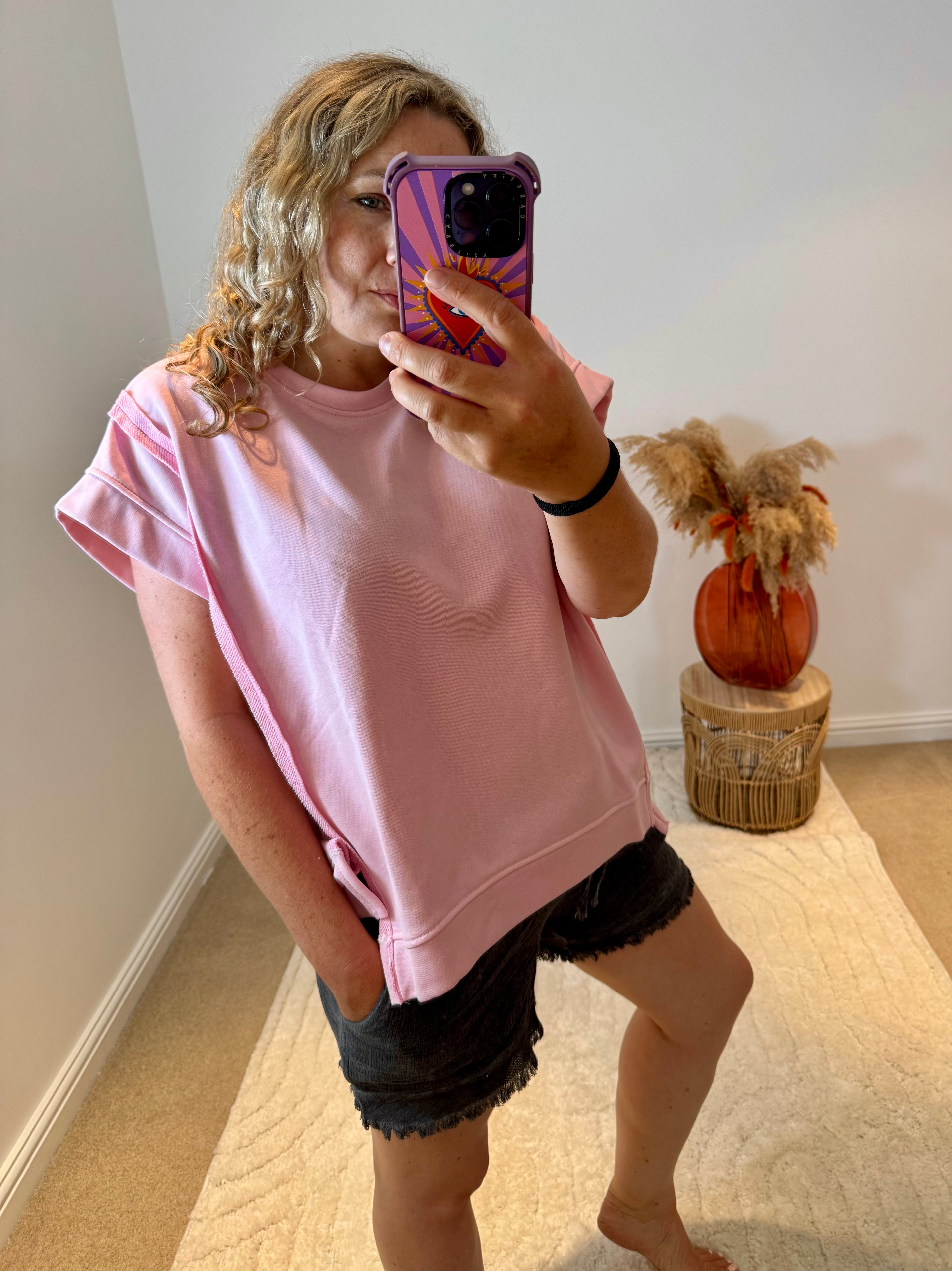 Raw Edge Short Sleeved Sweatshirt | Light Pink