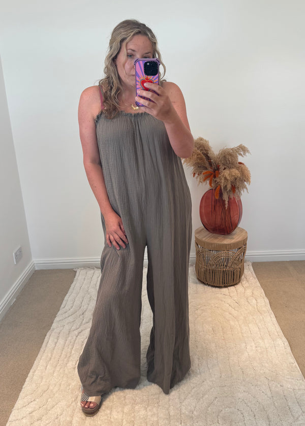 Wide Leg Cheesecloth Jumpsuit | Taupe