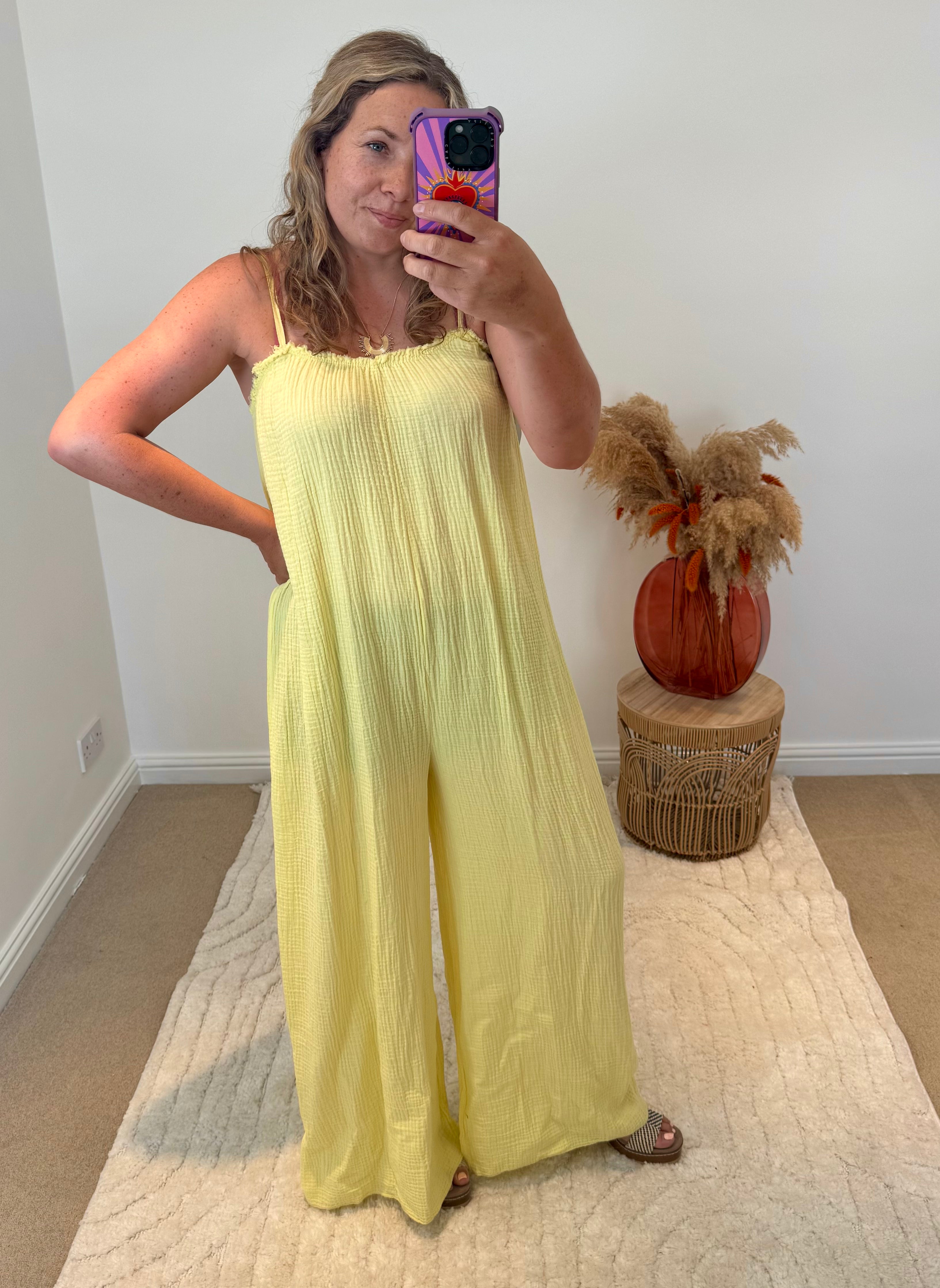 Wide Leg Cheesecloth Jumpsuit | Lemon Yellow