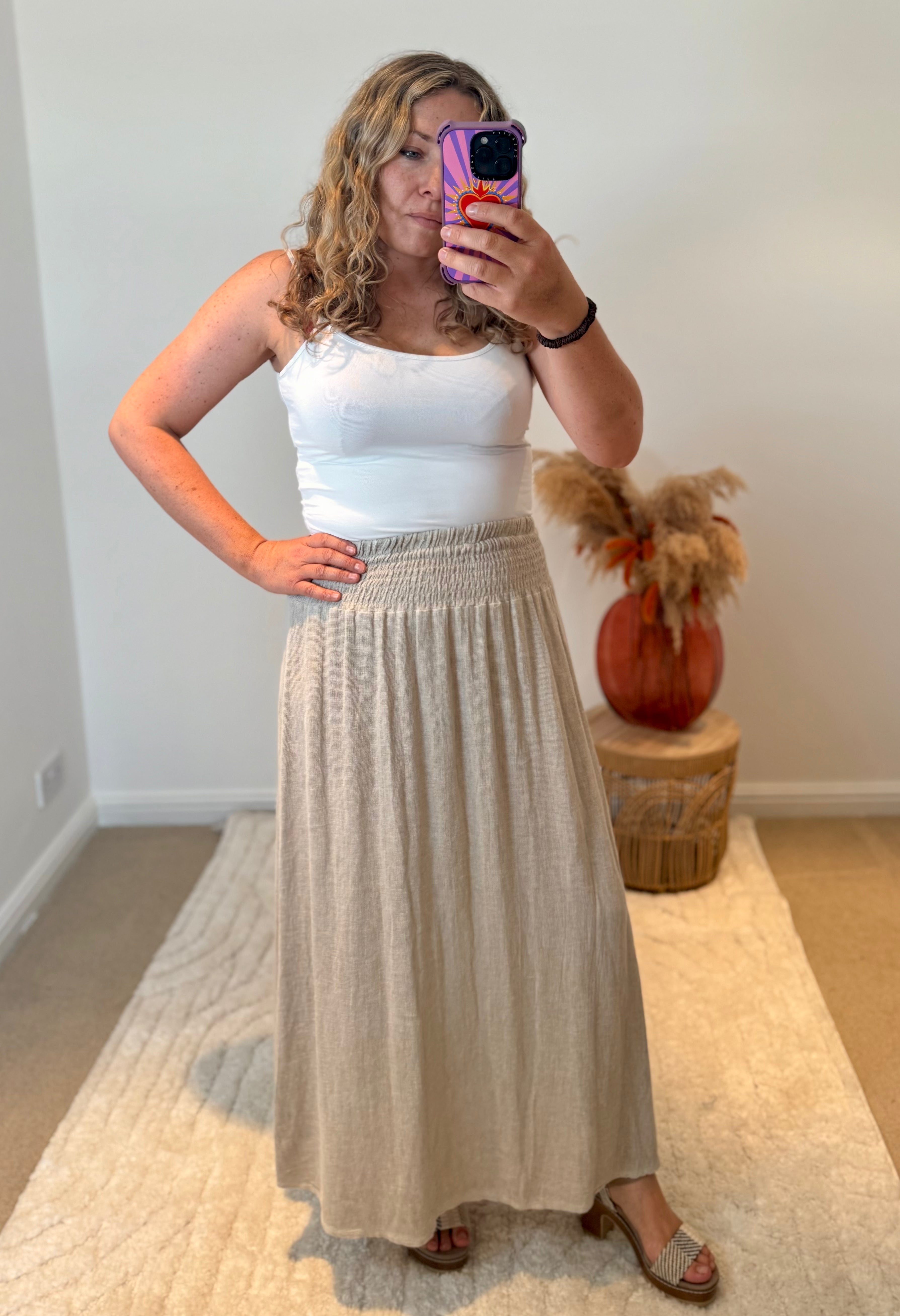 Linen Mix Tea Bag Midi Skirt | Oatmeal