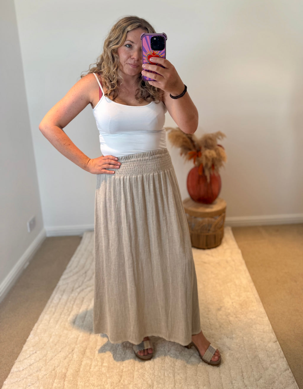 Linen Mix Tea Bag Midi Skirt | Oatmeal