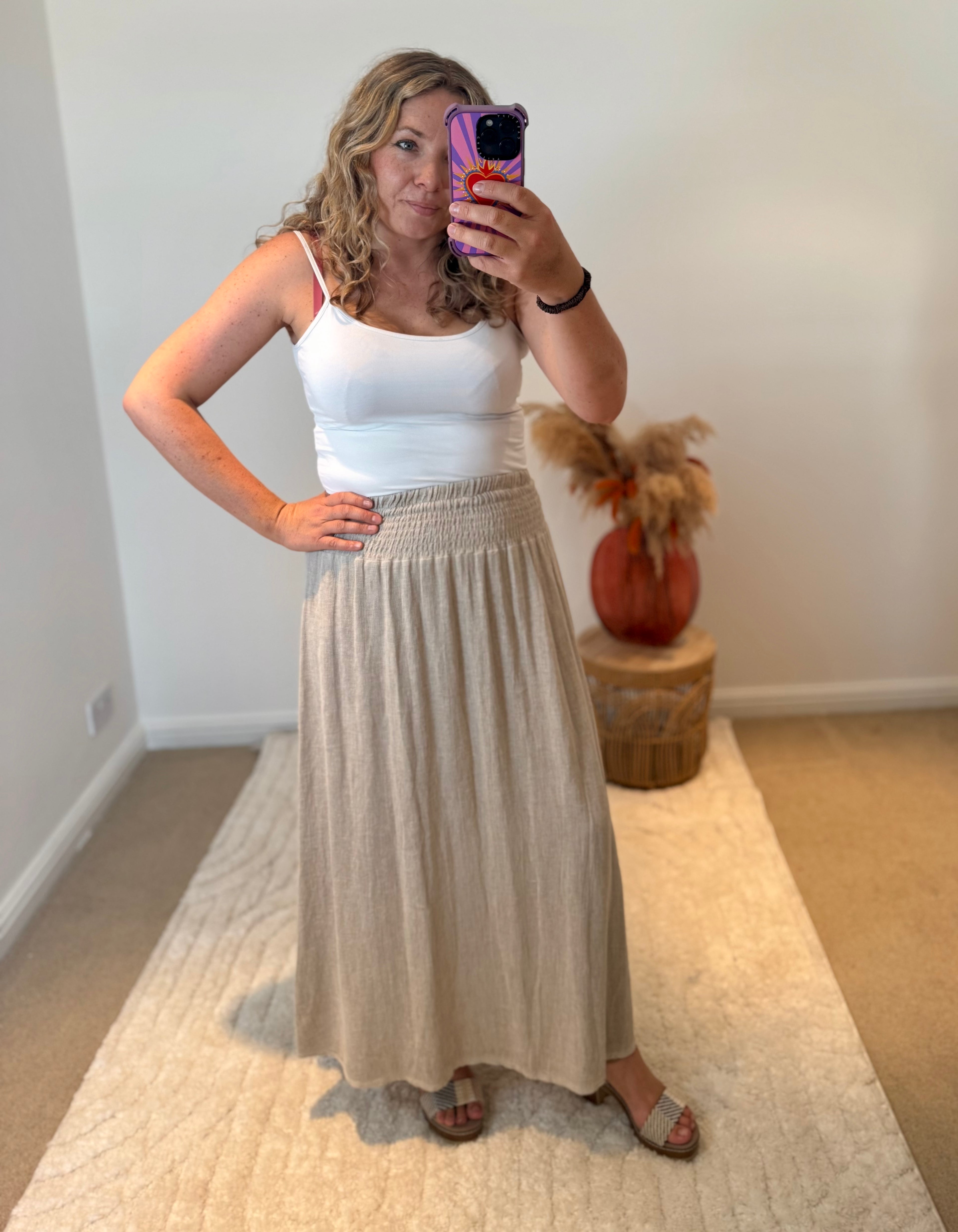 Linen Mix Tea Bag Midi Skirt | Oatmeal