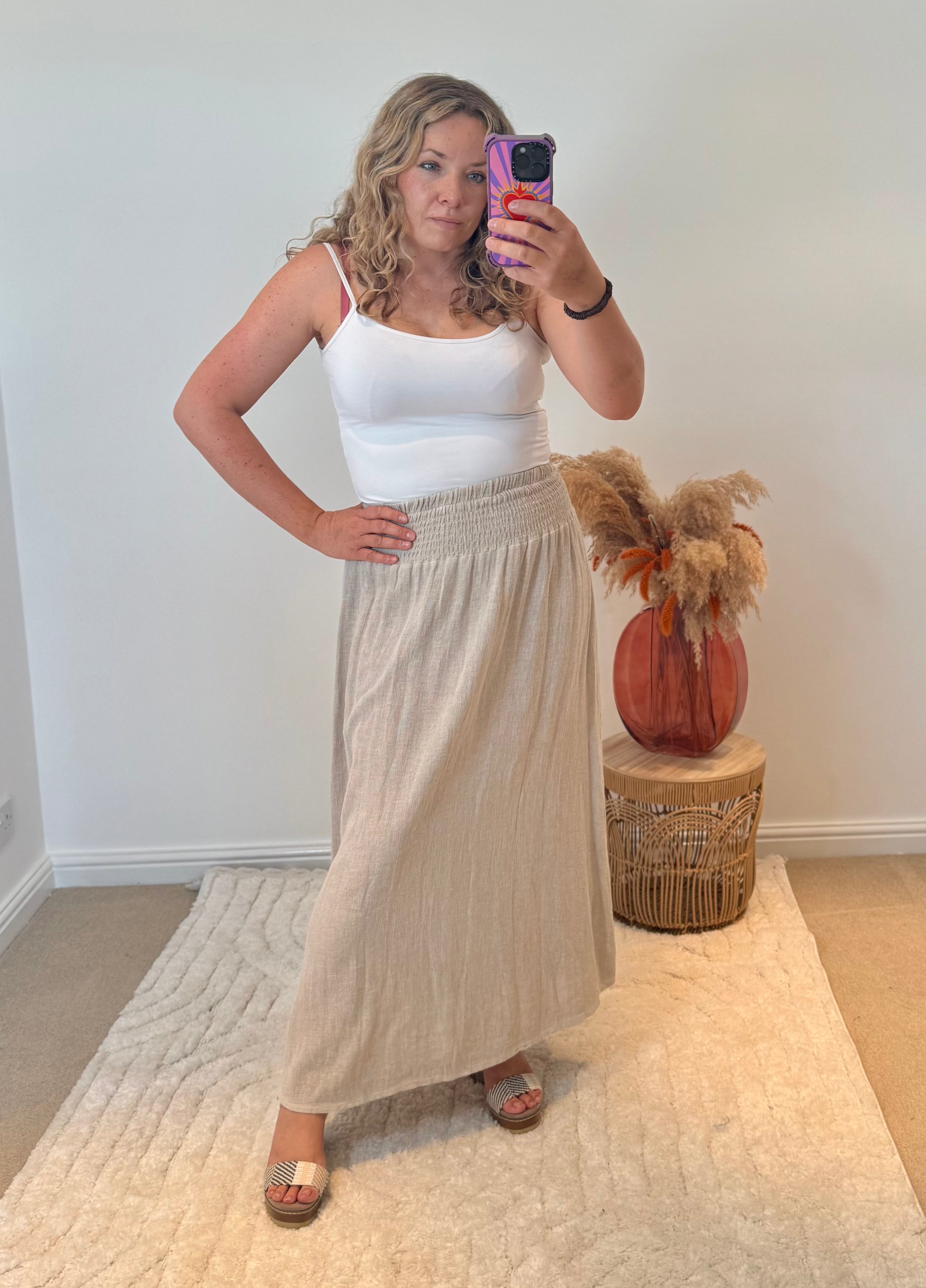 Linen Mix Tea Bag Midi Skirt | Oatmeal