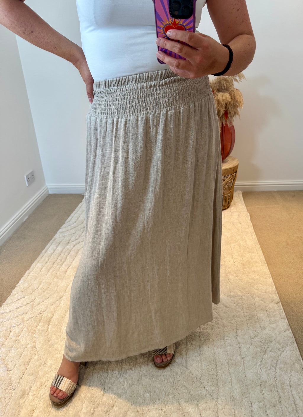 Linen Mix Tea Bag Midi Skirt | Oatmeal