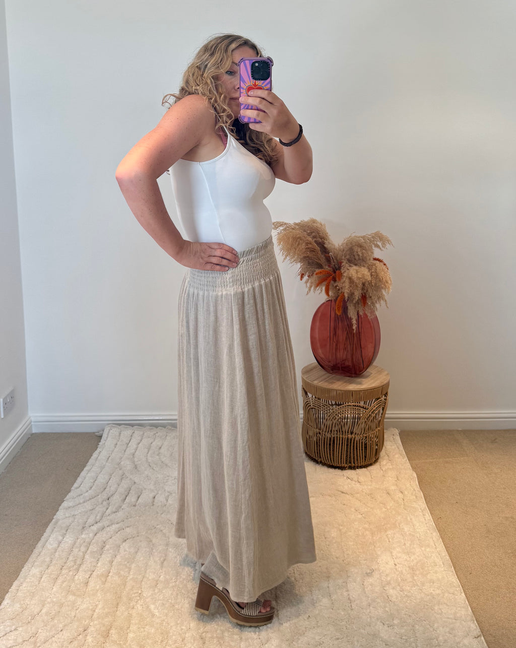 Linen Mix Tea Bag Midi Skirt | Oatmeal