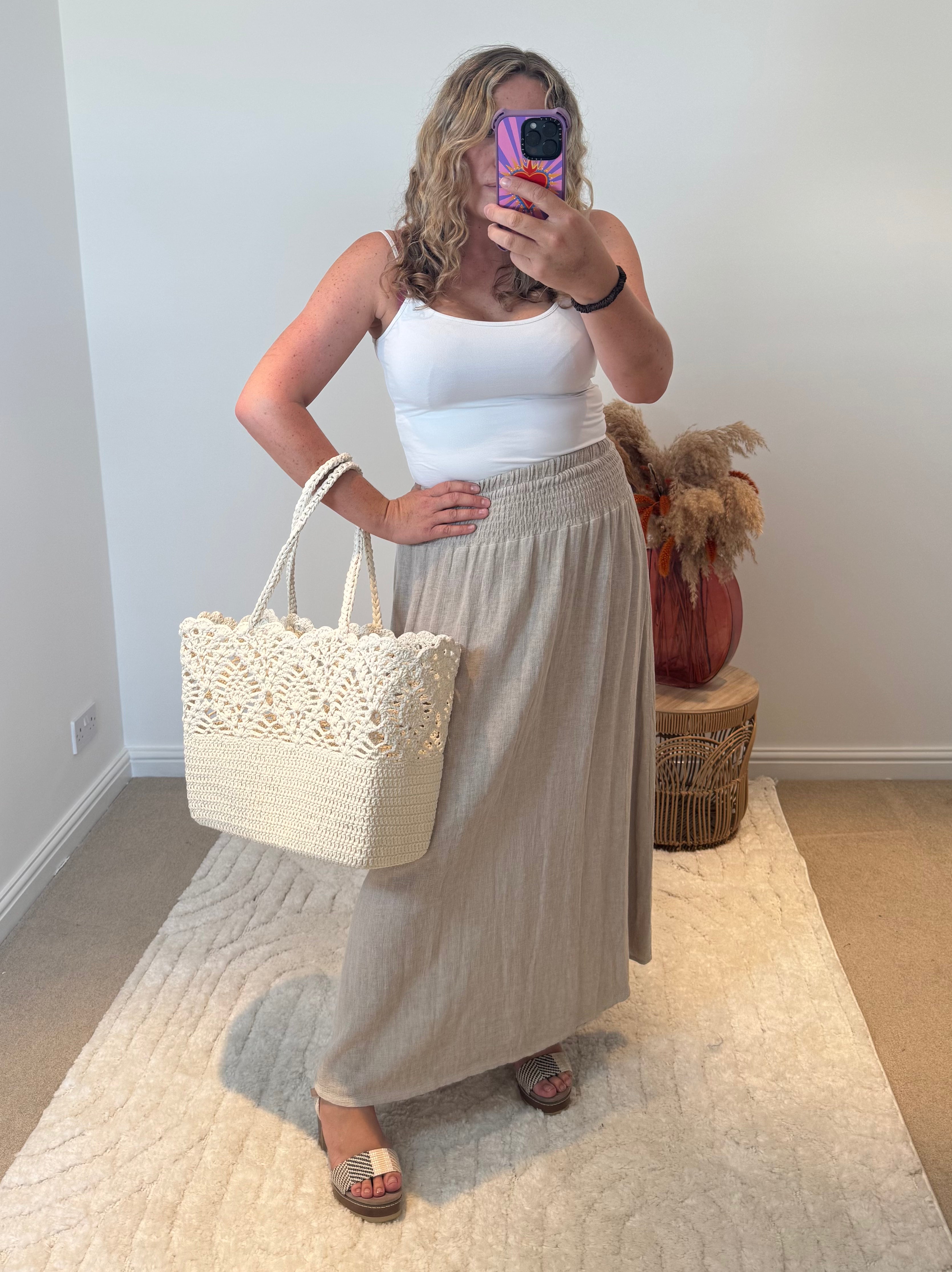 Linen Mix Tea Bag Midi Skirt | Oatmeal