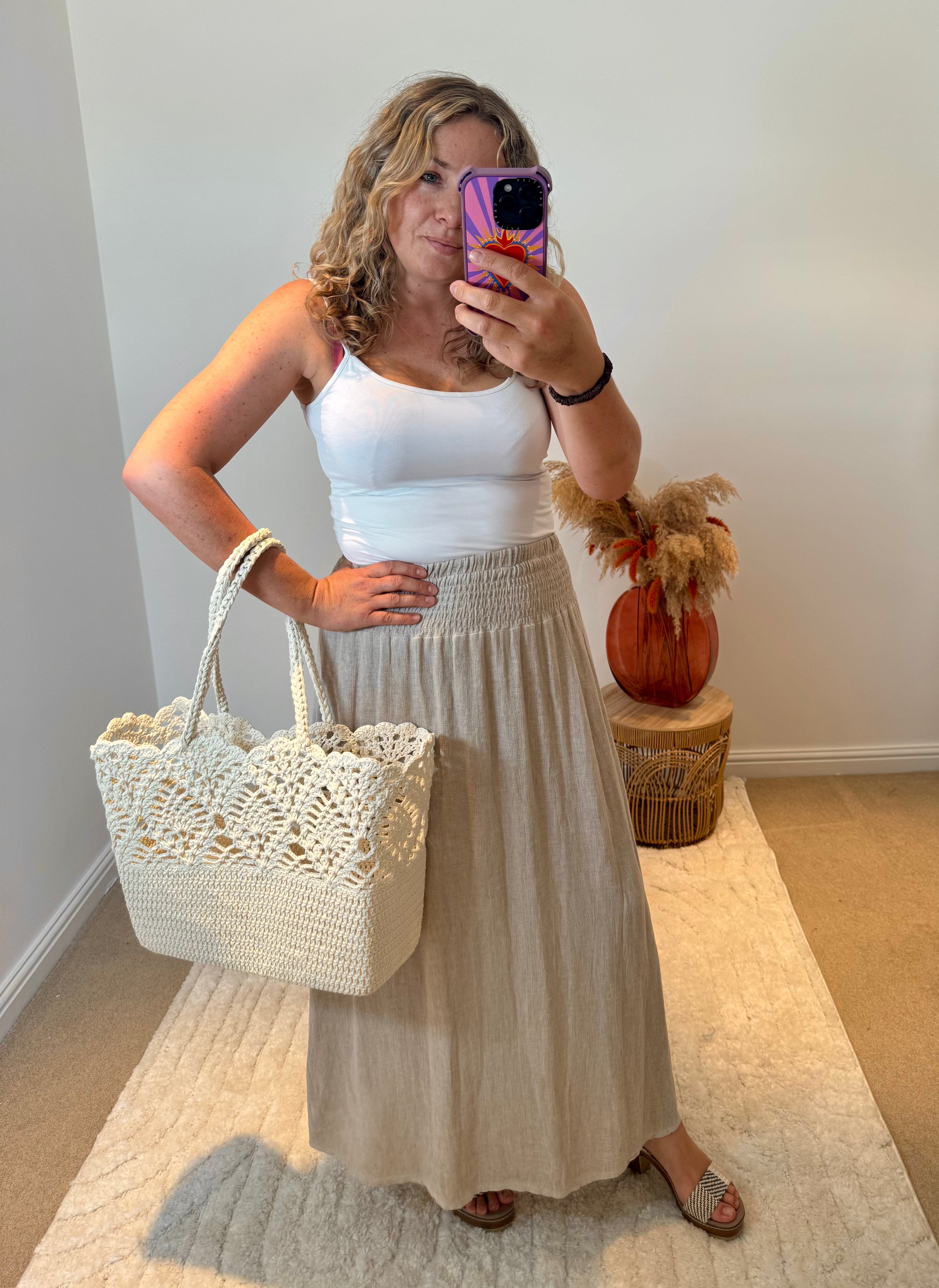 Linen Mix Tea Bag Midi Skirt | Oatmeal