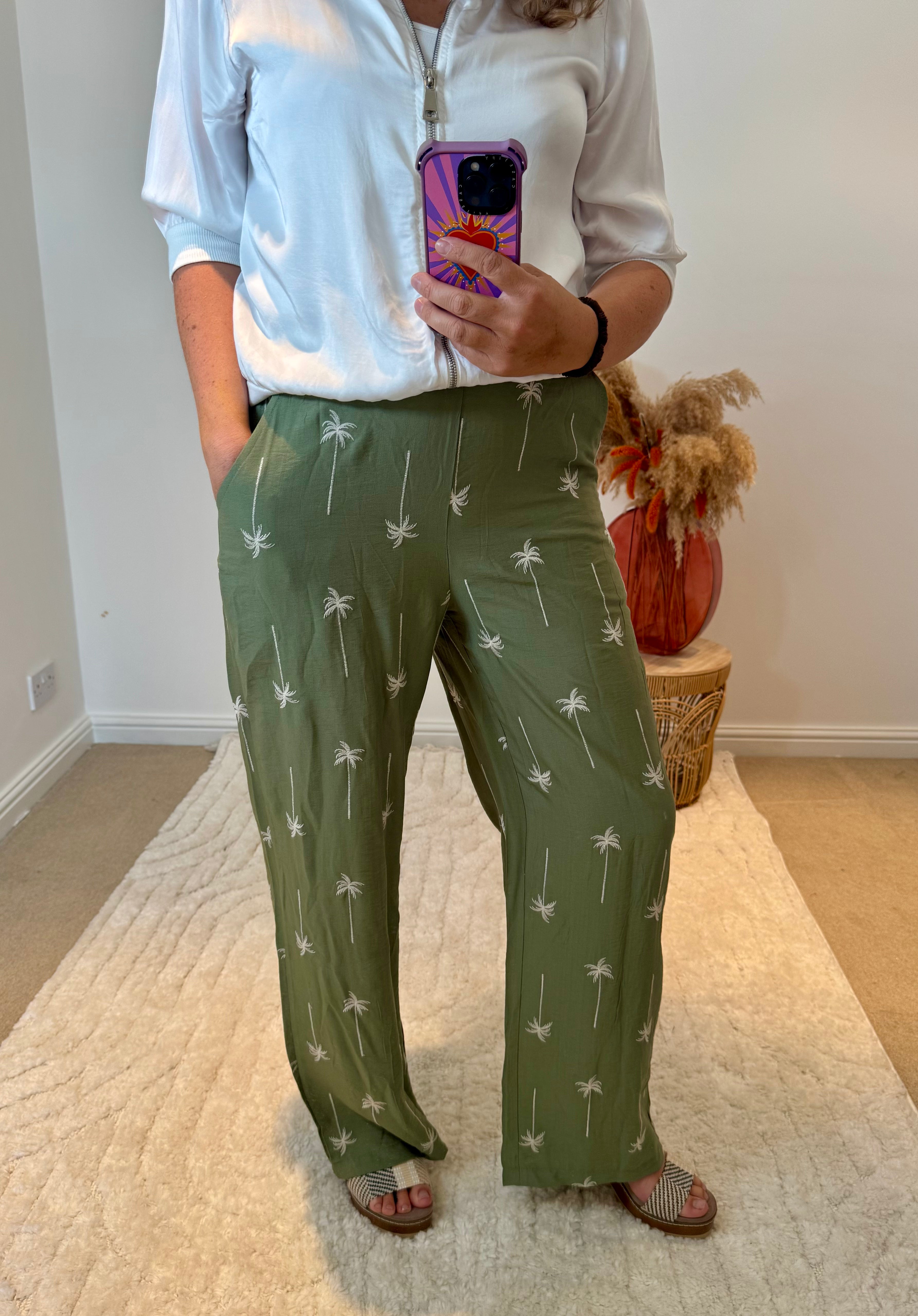 Palm Tree Embroidered Trousers | Khaki