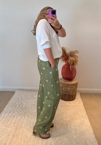Palm Tree Embroidered Trousers | Khaki