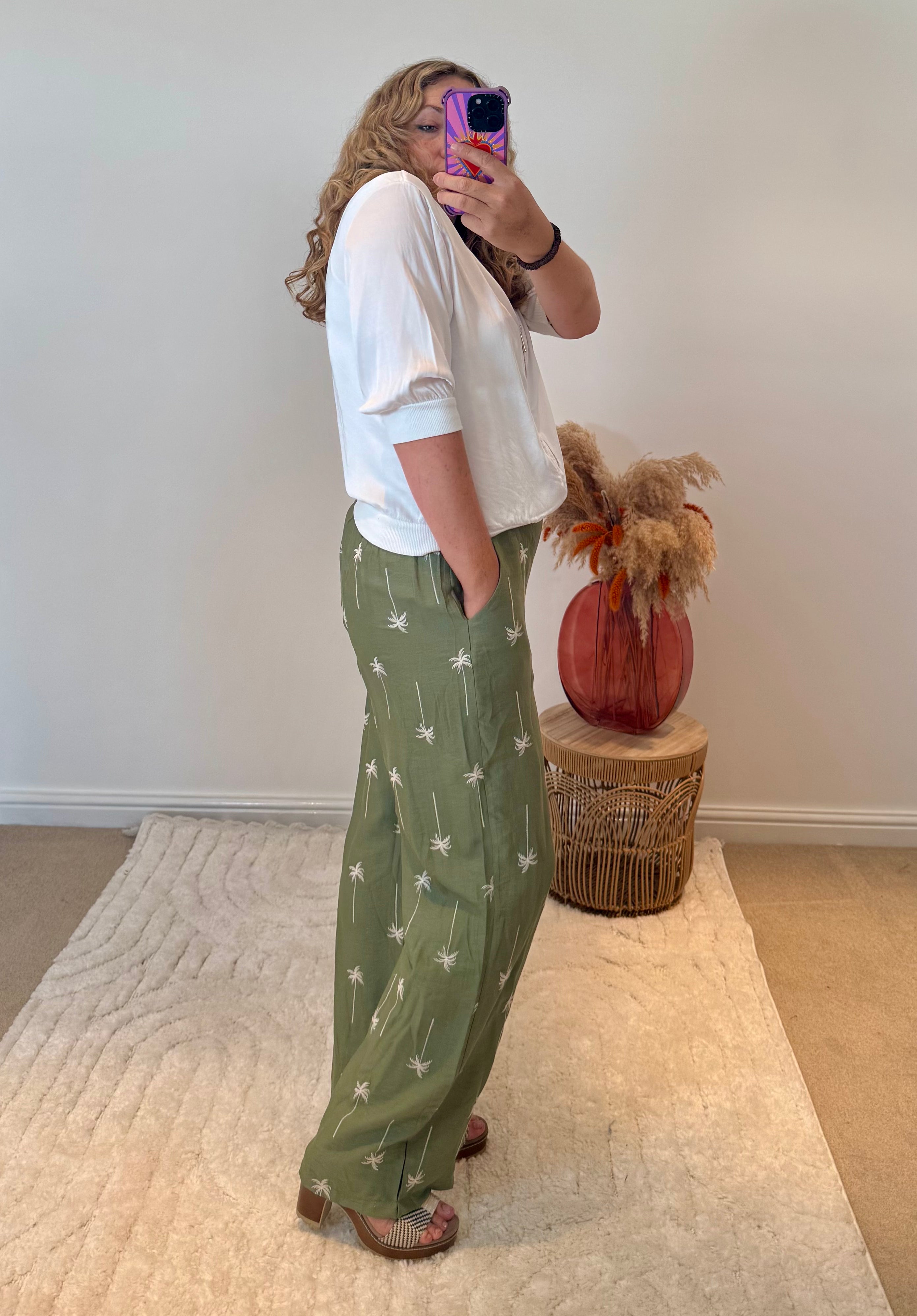 Palm Tree Embroidered Trousers | Khaki