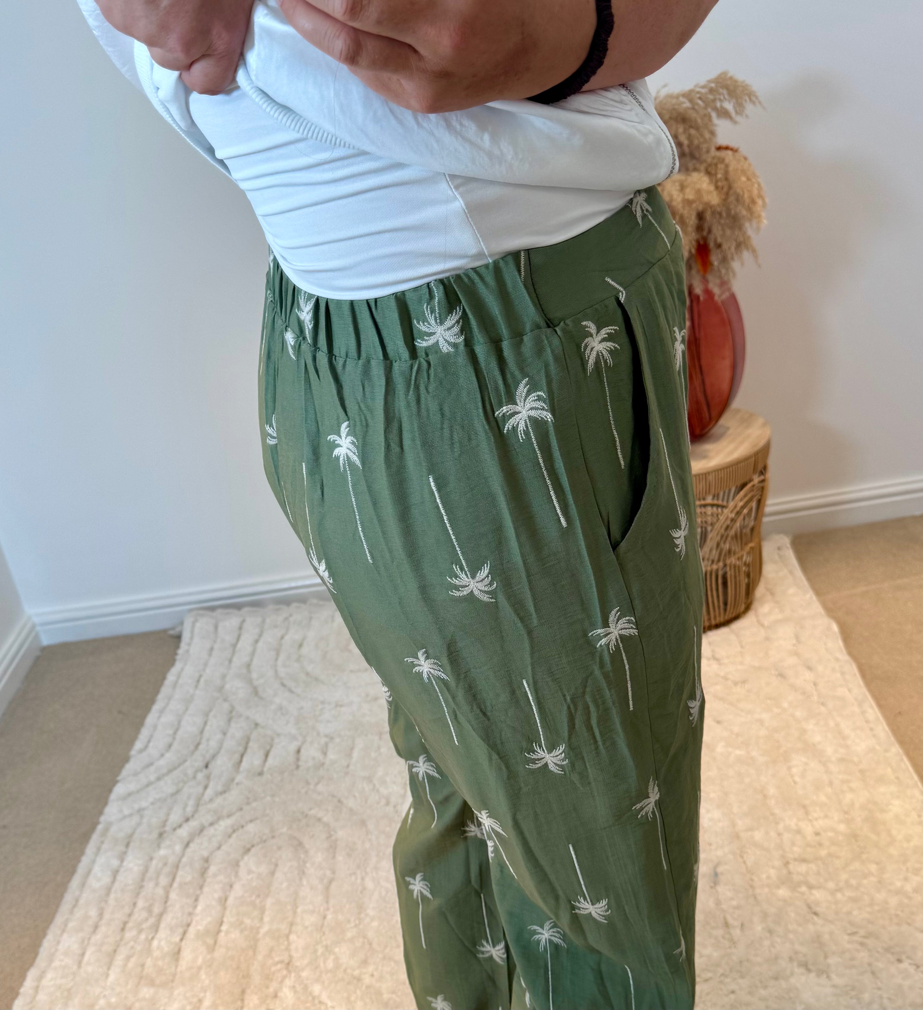 Palm Tree Embroidered Trousers | Khaki