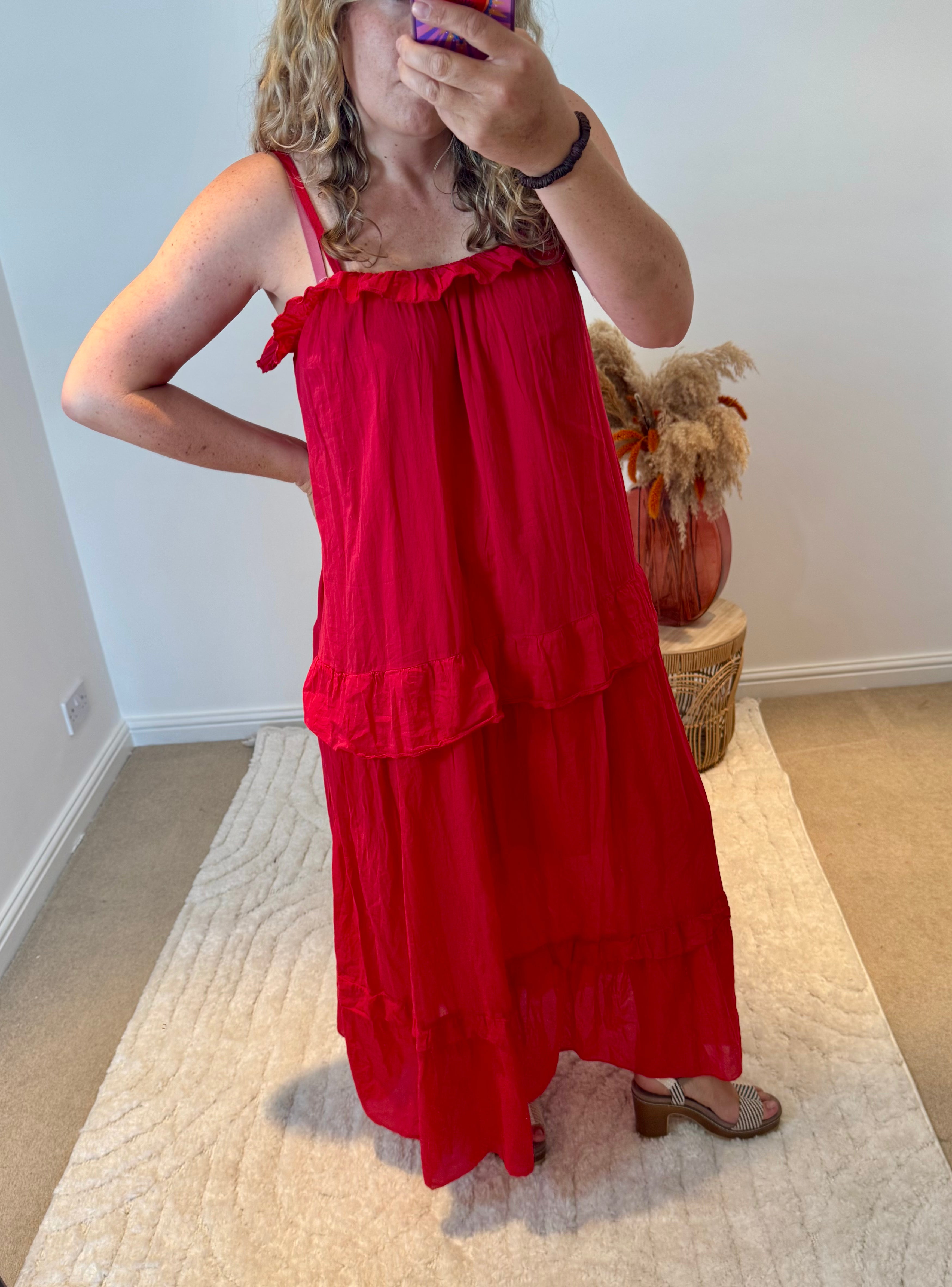 Frill Detail Layered Cotton Maxi Dress | Red