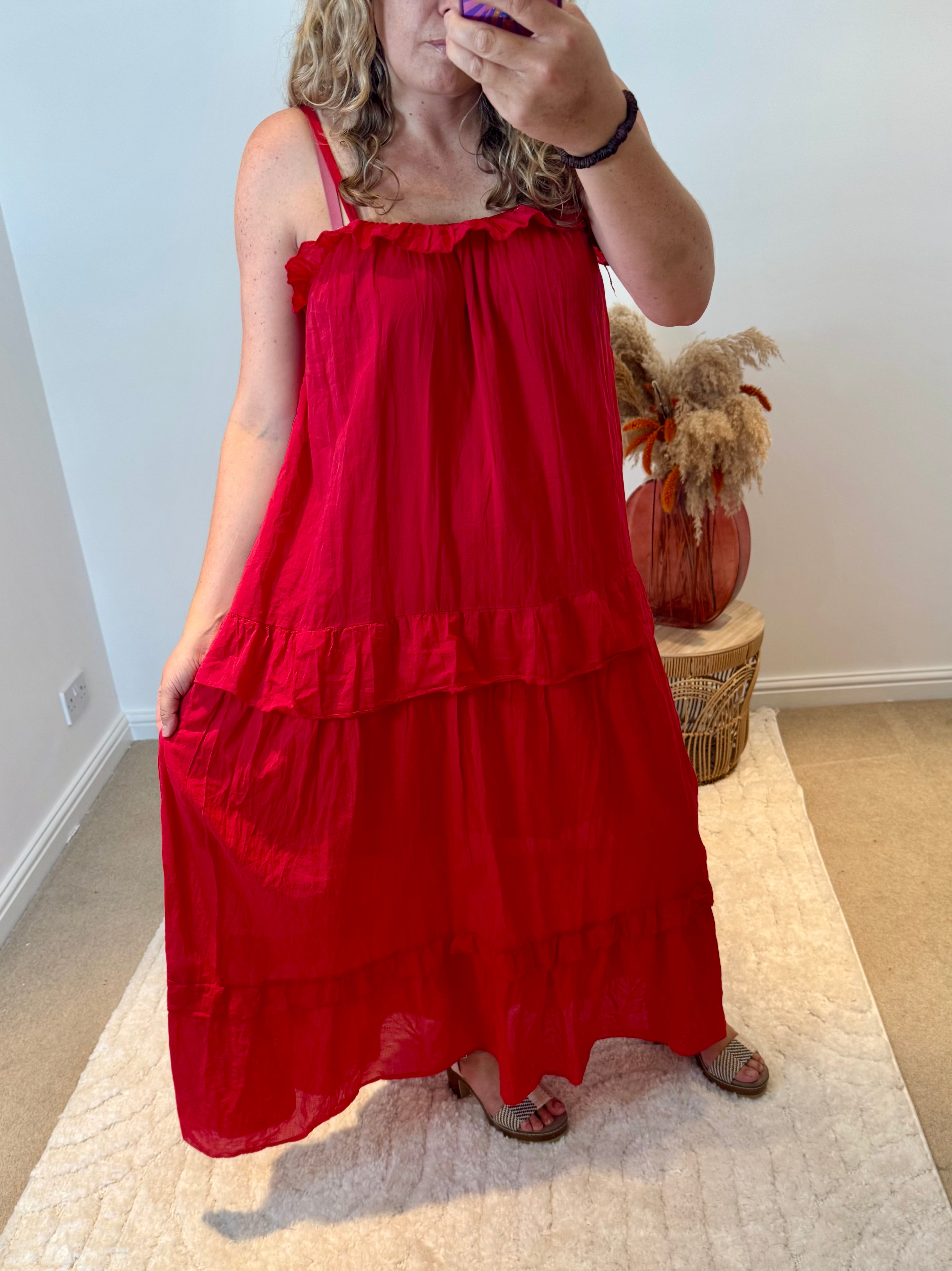 Frill Detail Layered Cotton Maxi Dress | Red