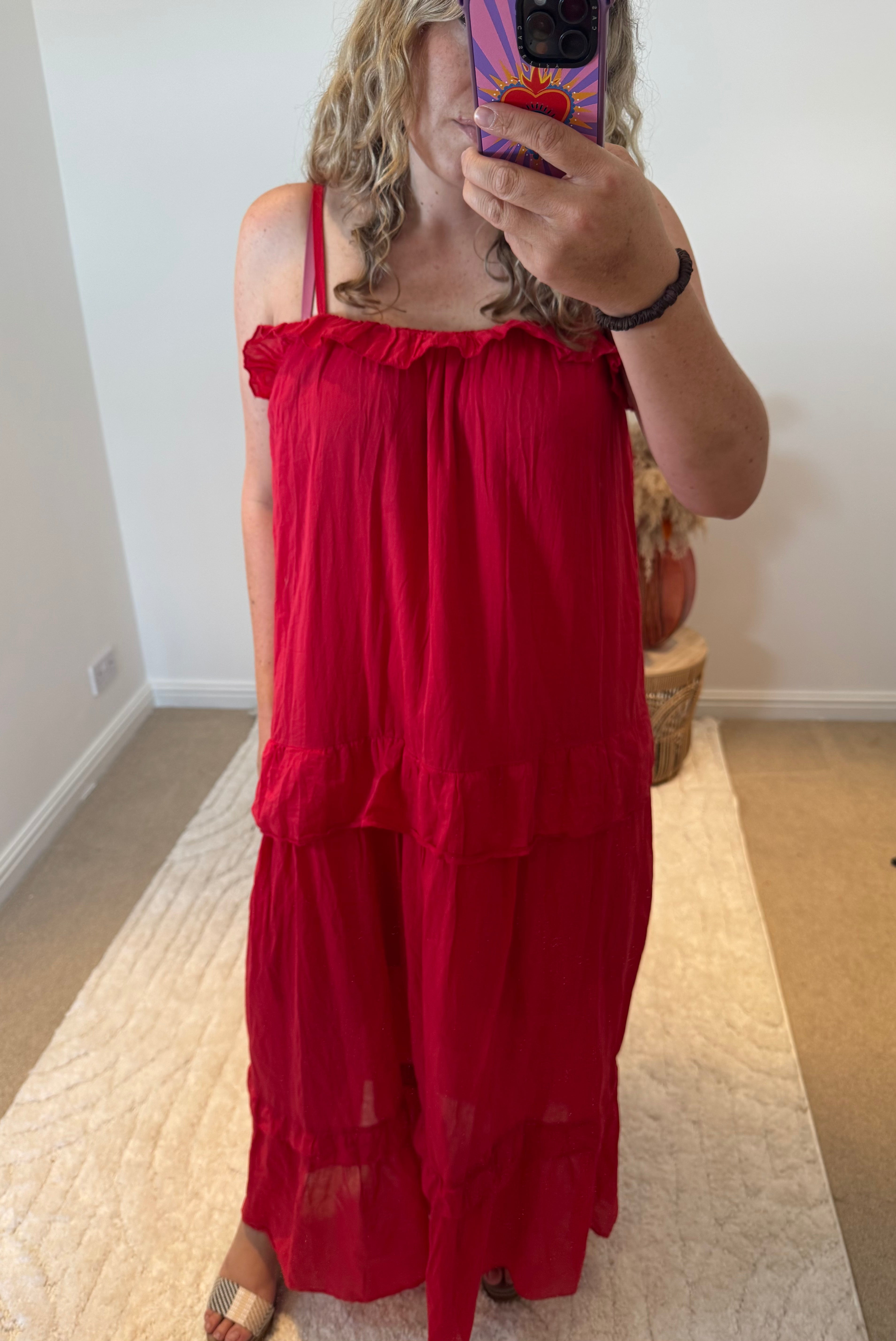 Frill Detail Layered Cotton Maxi Dress | Red