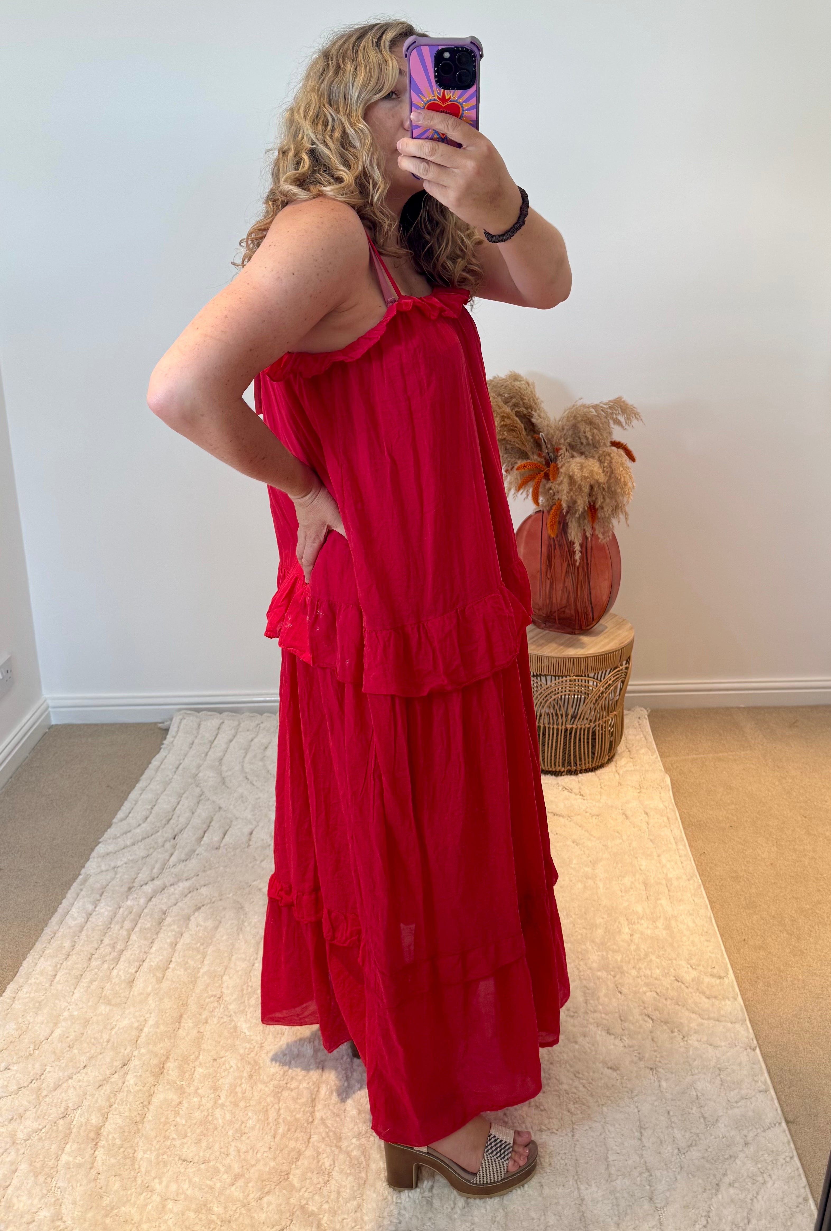 Frill Detail Layered Cotton Maxi Dress | Red