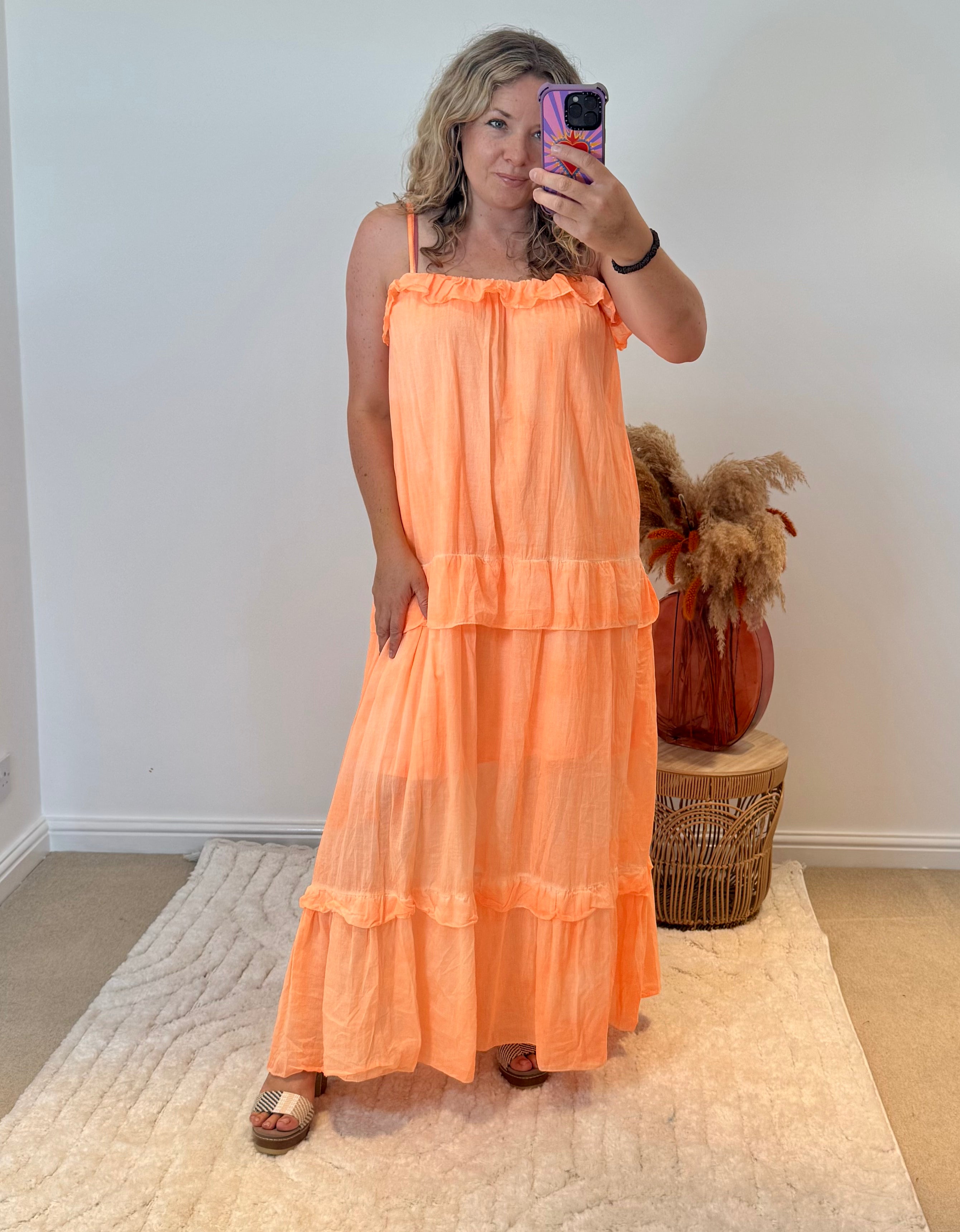 Frill Detail Layered Cotton Maxi Dress | Orange
