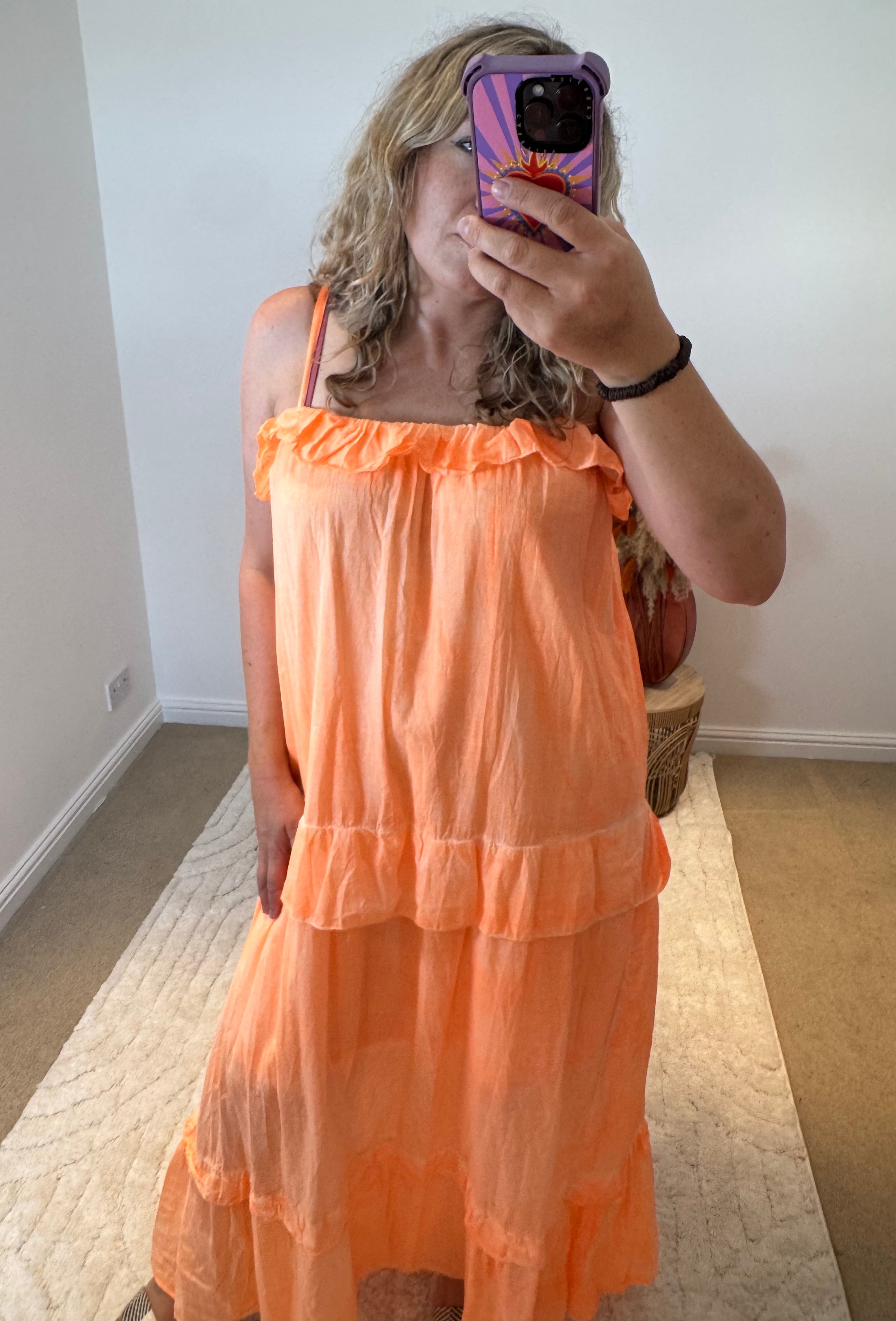 Frill Detail Layered Cotton Maxi Dress | Orange