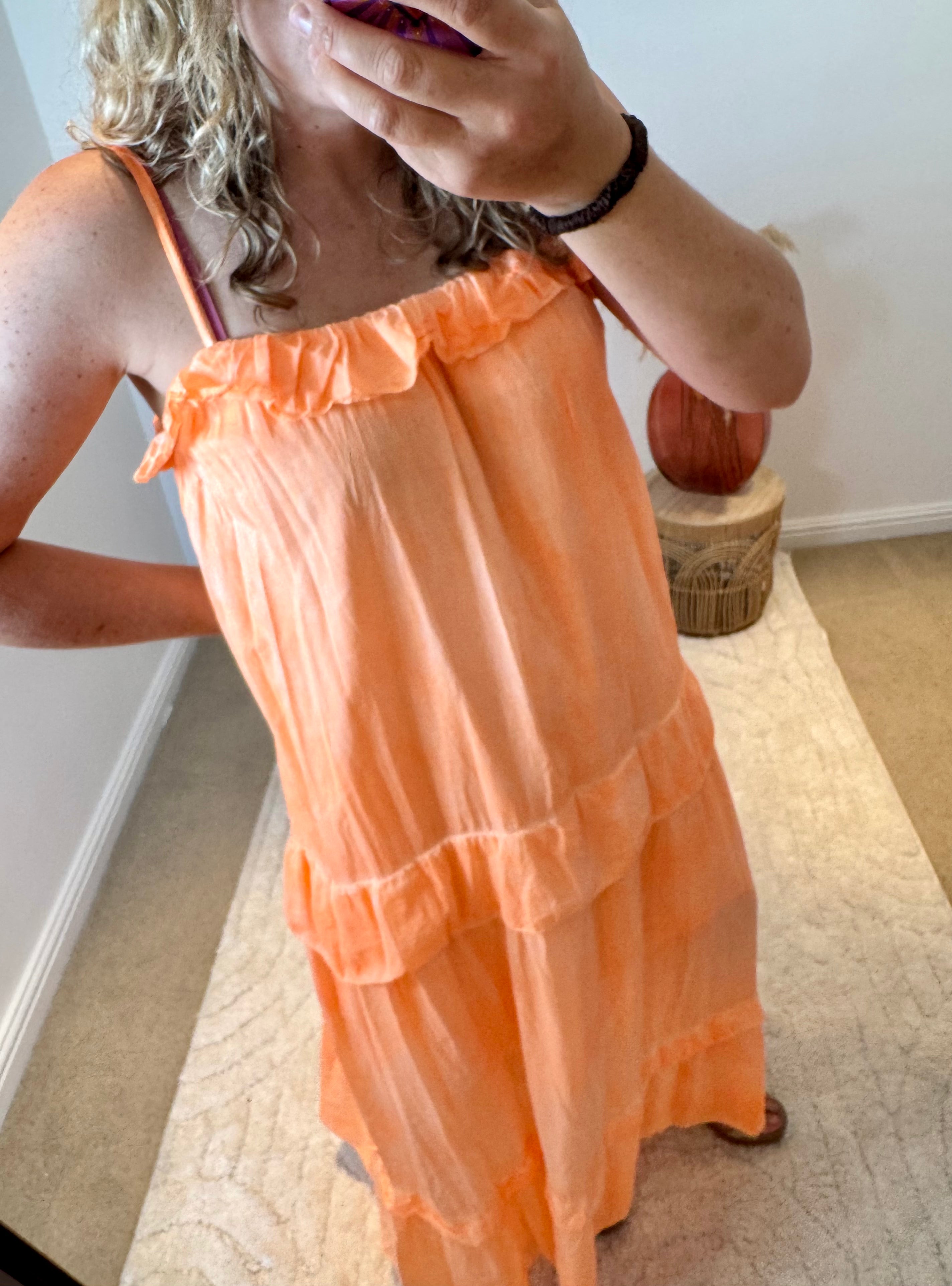 Frill Detail Layered Cotton Maxi Dress | Orange