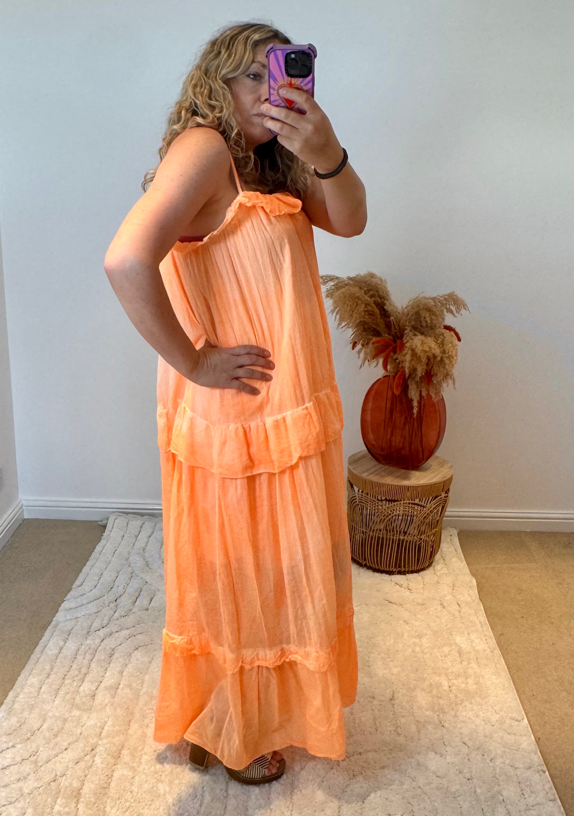 Frill Detail Layered Cotton Maxi Dress | Orange