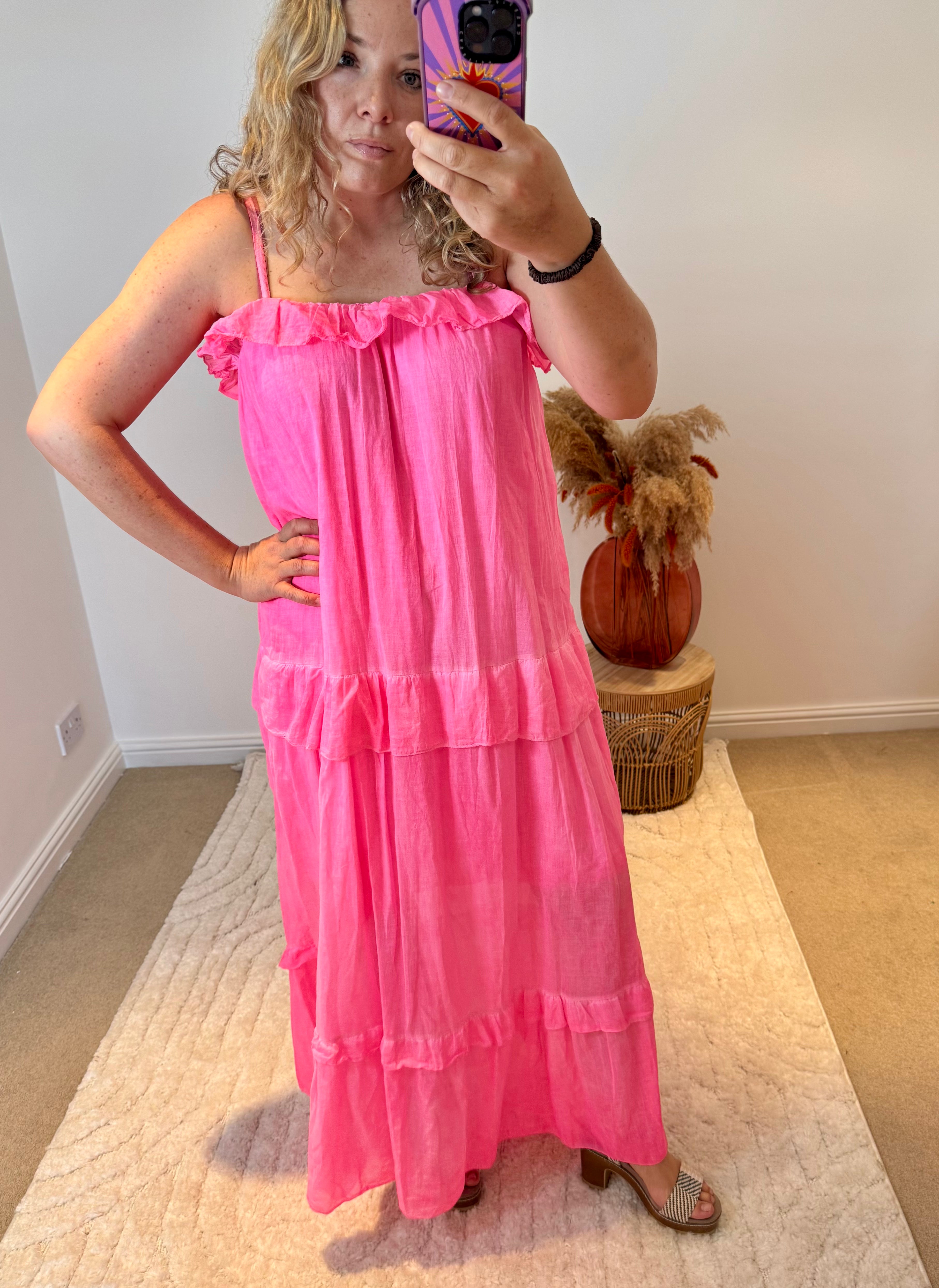 Frill Detail Layered Cotton Maxi Dress | Neon Pink