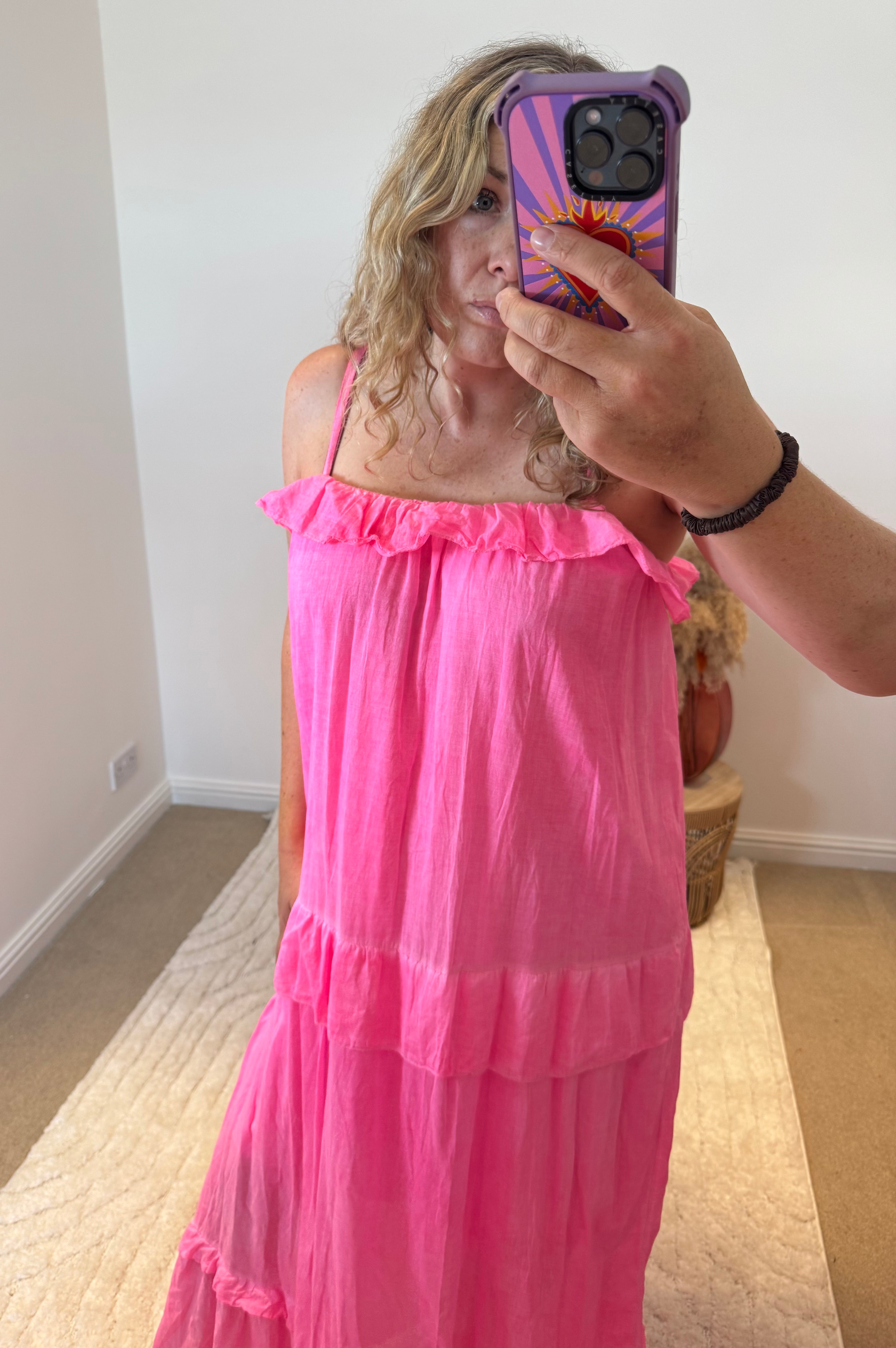 Frill Detail Layered Cotton Maxi Dress | Neon Pink